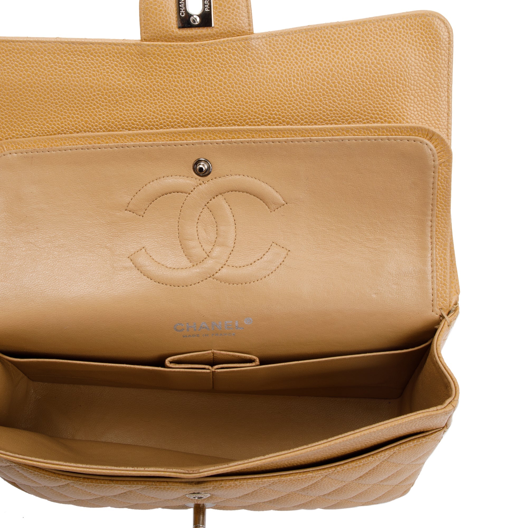 Chanel Beige Caviar Leather Classic Medium Double Flap Bag w/ Box & Authenticity Card