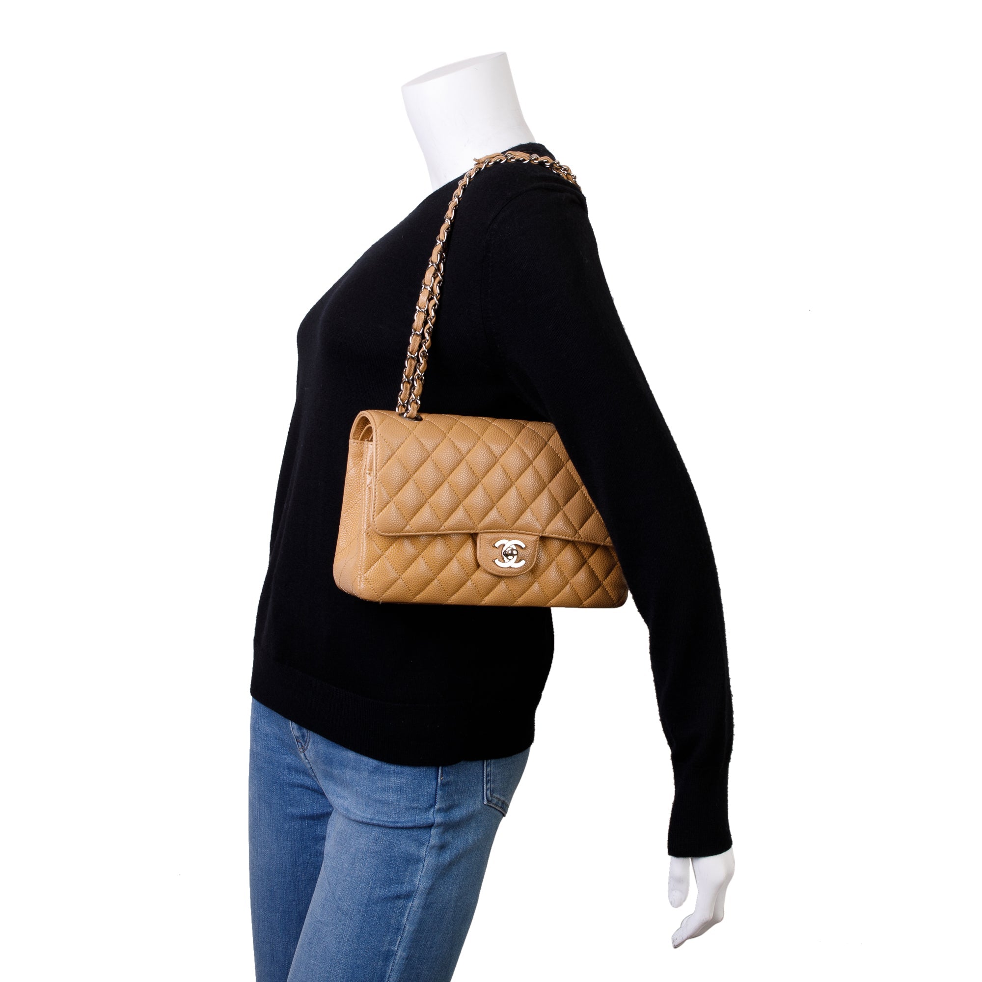 Chanel Beige Caviar Leather Classic Medium Double Flap Bag w/ Box & Authenticity Card