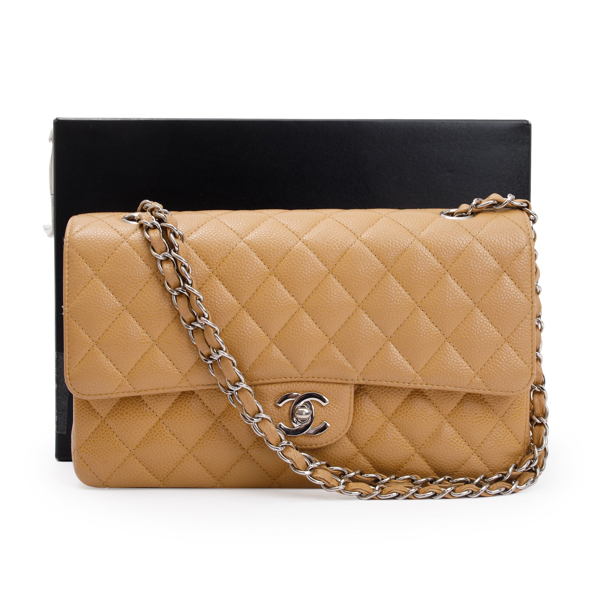 Chanel Beige Caviar Leather Classic Medium Double Flap Bag w/ Box & Authenticity Card