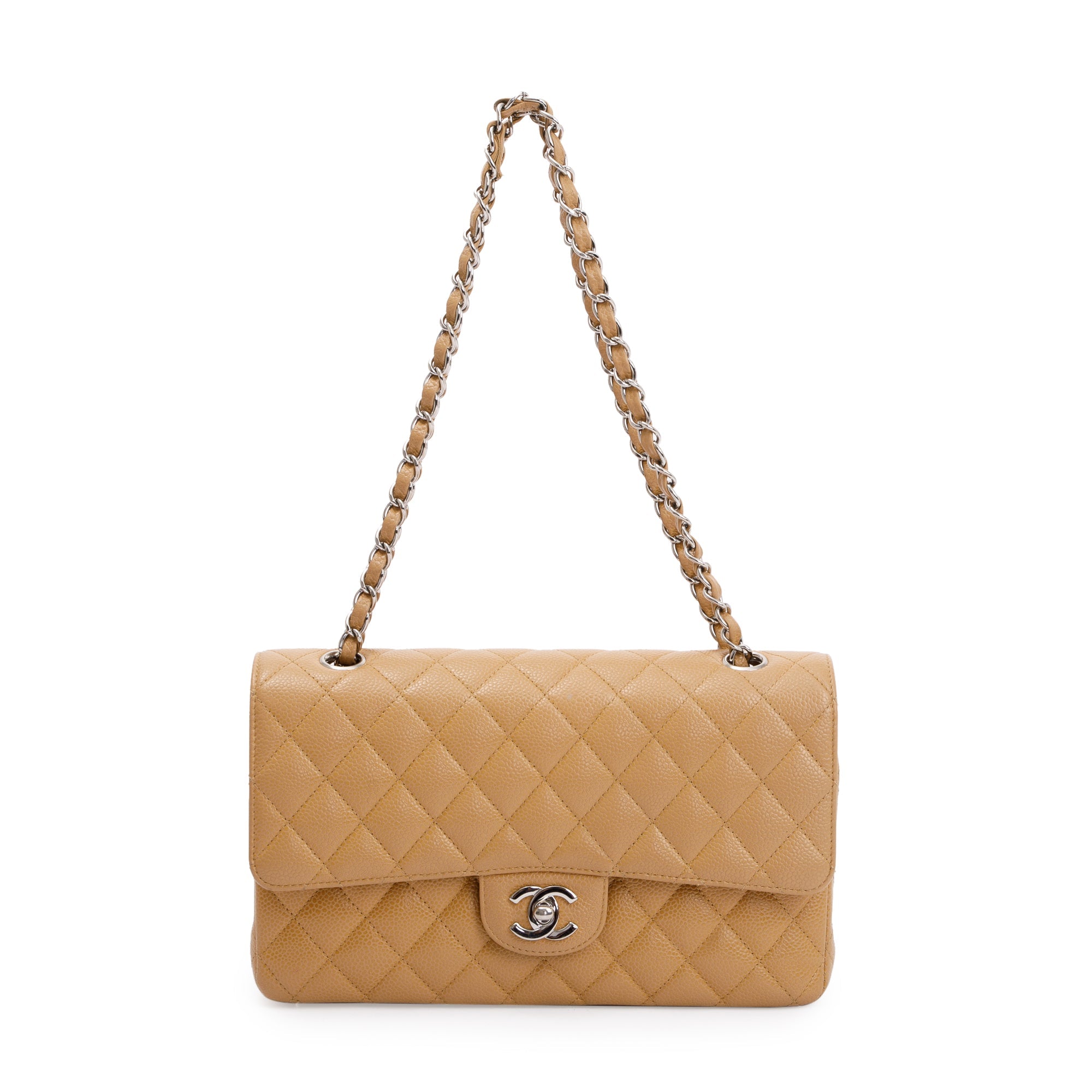 Chanel Beige Caviar Leather Classic Medium Double Flap Bag w/ Box & Authenticity Card