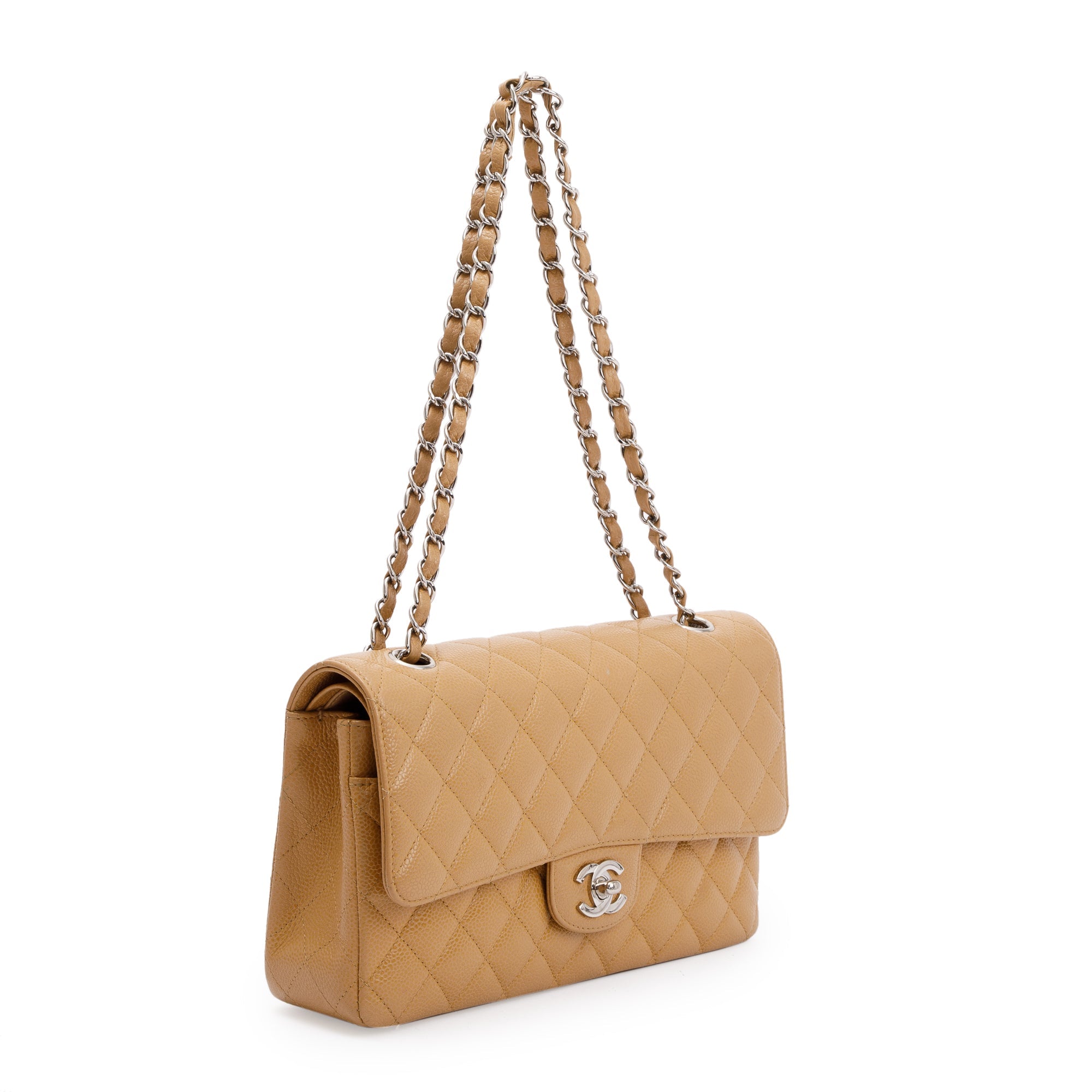 Chanel Beige Caviar Leather Classic Medium Double Flap Bag w/ Box & Authenticity Card