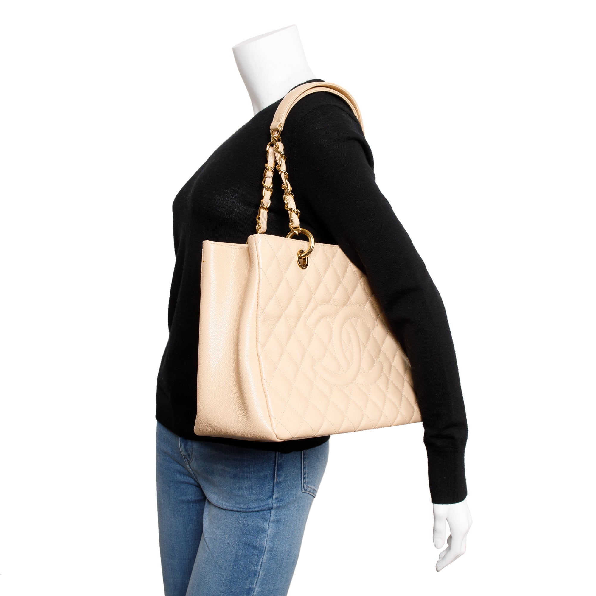 Chanel Beige Caviar Leather Grand Shopping Tote (GST) w/ Authentcity Card