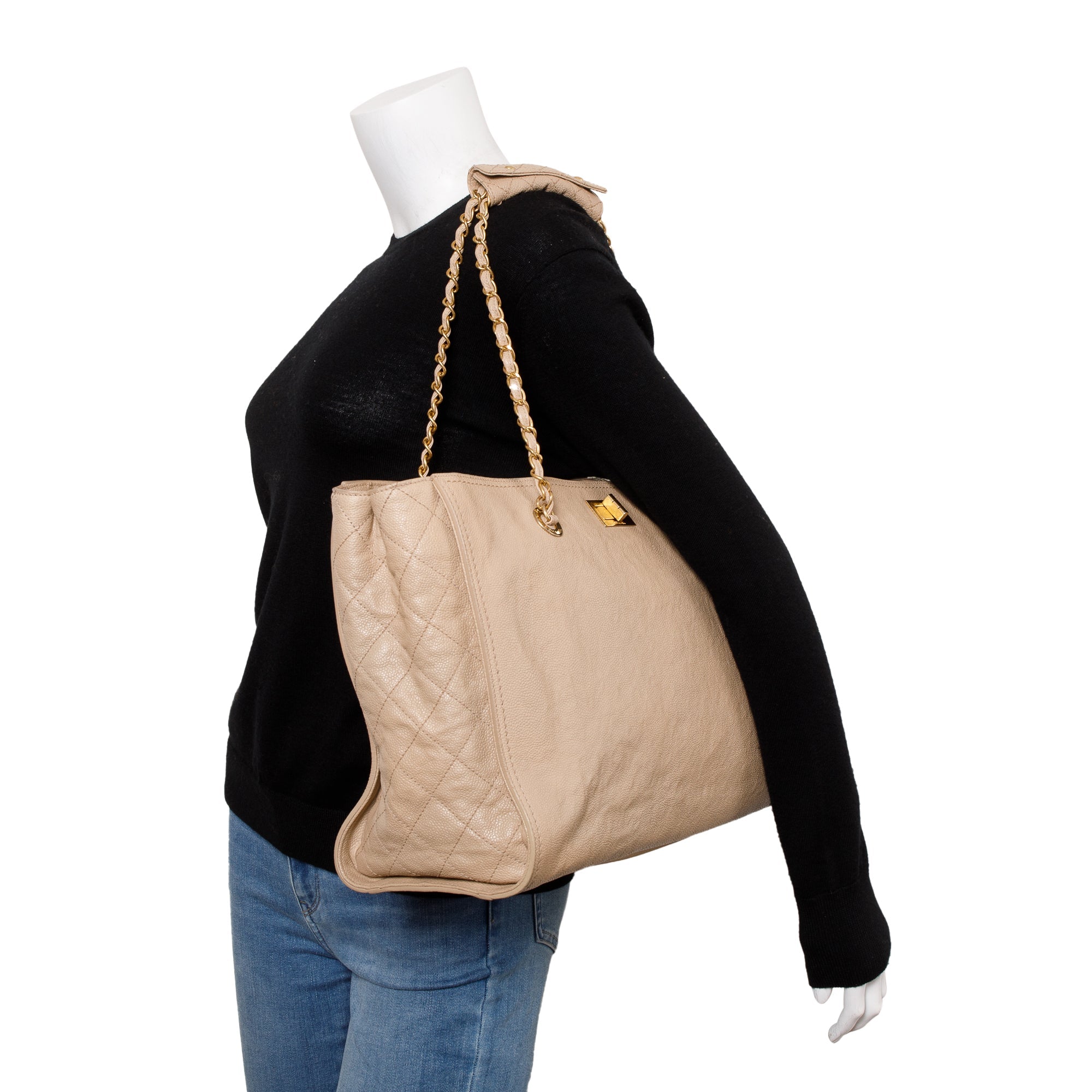 Chanel Beige Caviar Leather Large Reissue Tote w/ Authenticity Card