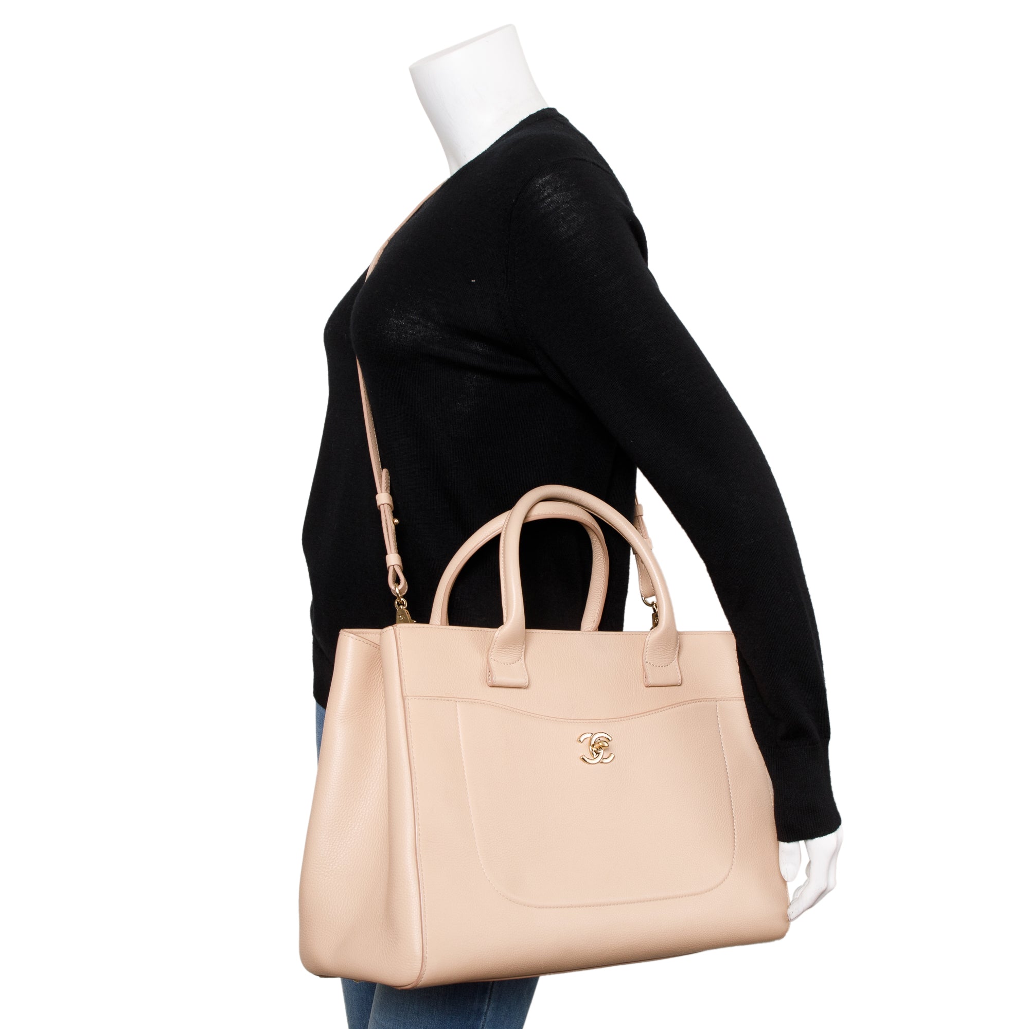 Chanel Beige Caviar Leather Medium Neo Excecutive Tote w/ Strap & Authenticity Card