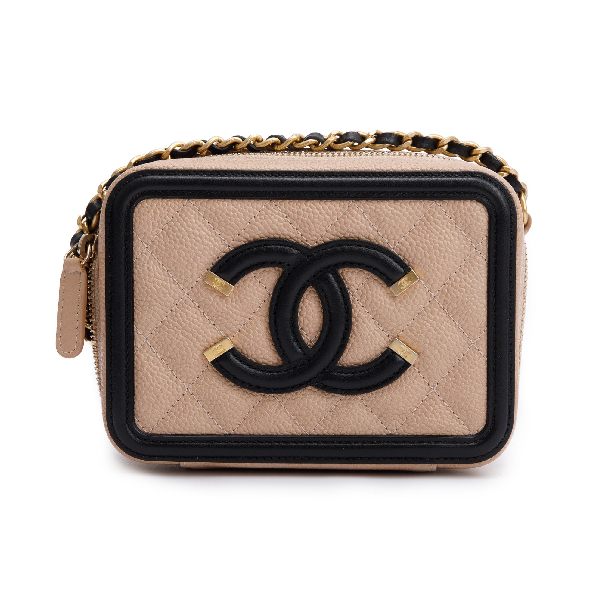 Chanel Beige Caviar Quilted Leather CC Filigree Vanity Chain Clutch w/ Receipt