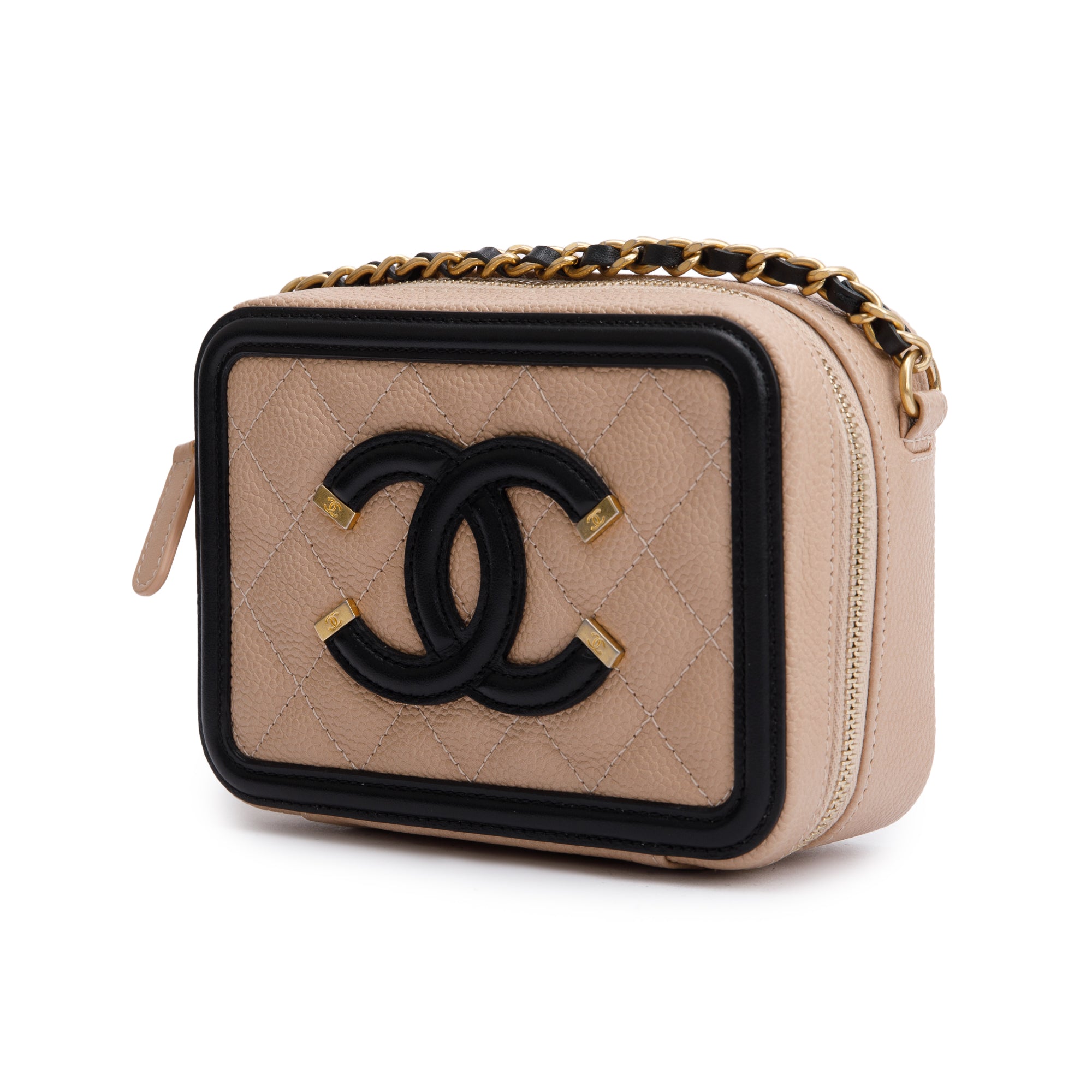 Chanel Beige Caviar Quilted Leather CC Filigree Vanity Chain Clutch w/ Receipt