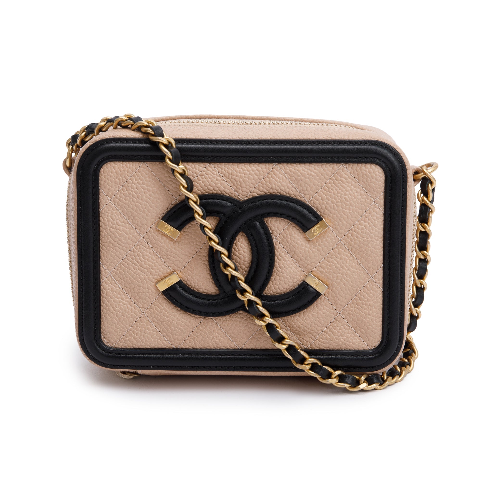 Chanel Beige Caviar Quilted Leather CC Filigree Vanity Chain Clutch w/ Receipt