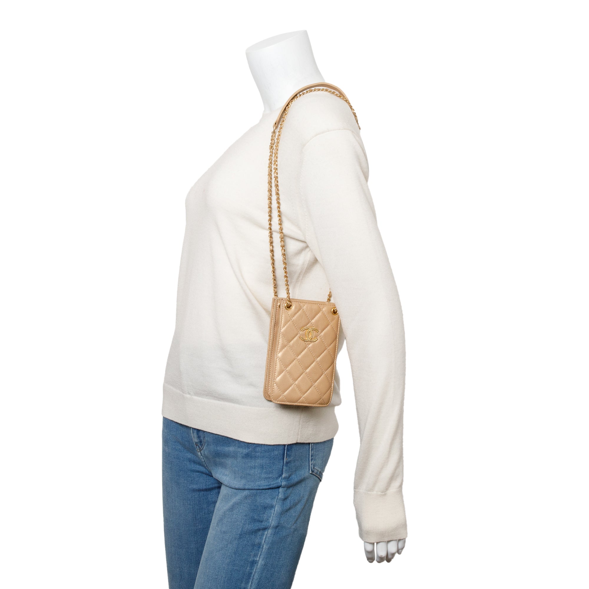 Chanel Beige Iridescent Quilted Calfskin Leather CC Crossbody Phone Holder