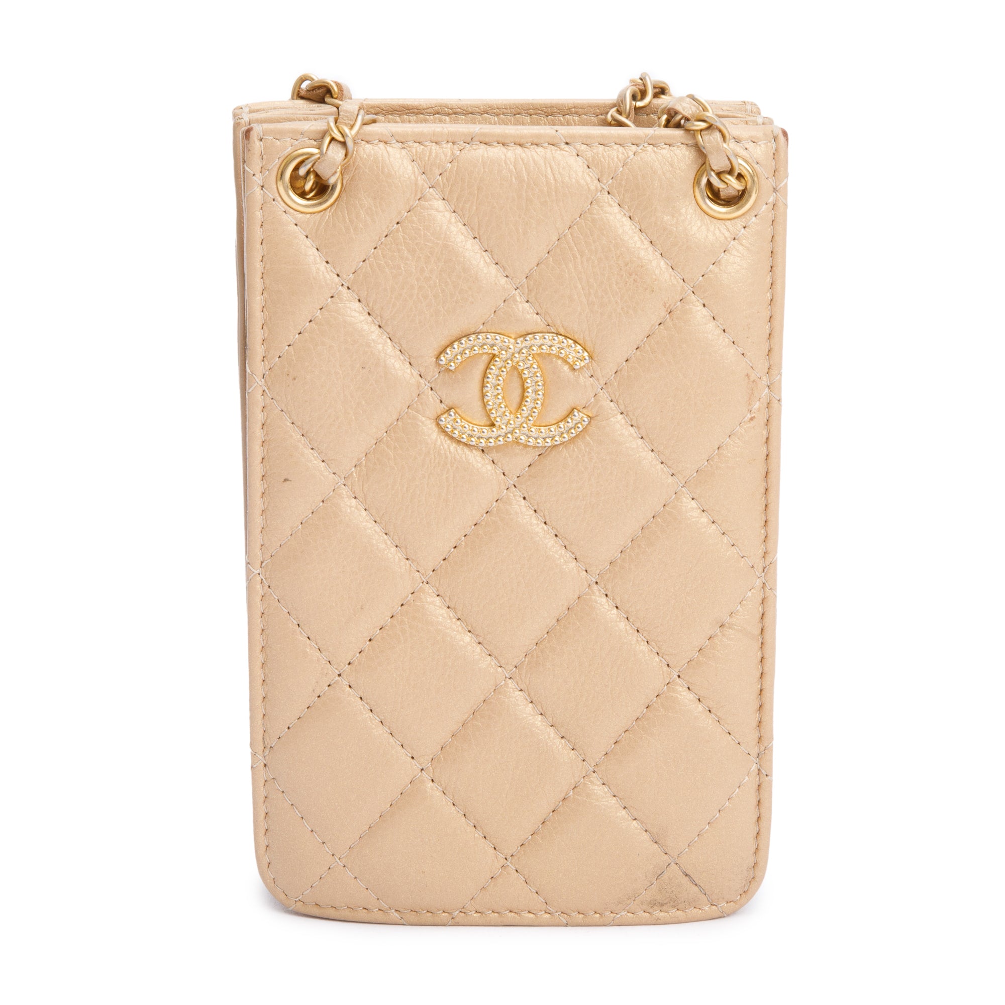 Chanel Beige Iridescent Quilted Calfskin Leather CC Crossbody Phone Holder