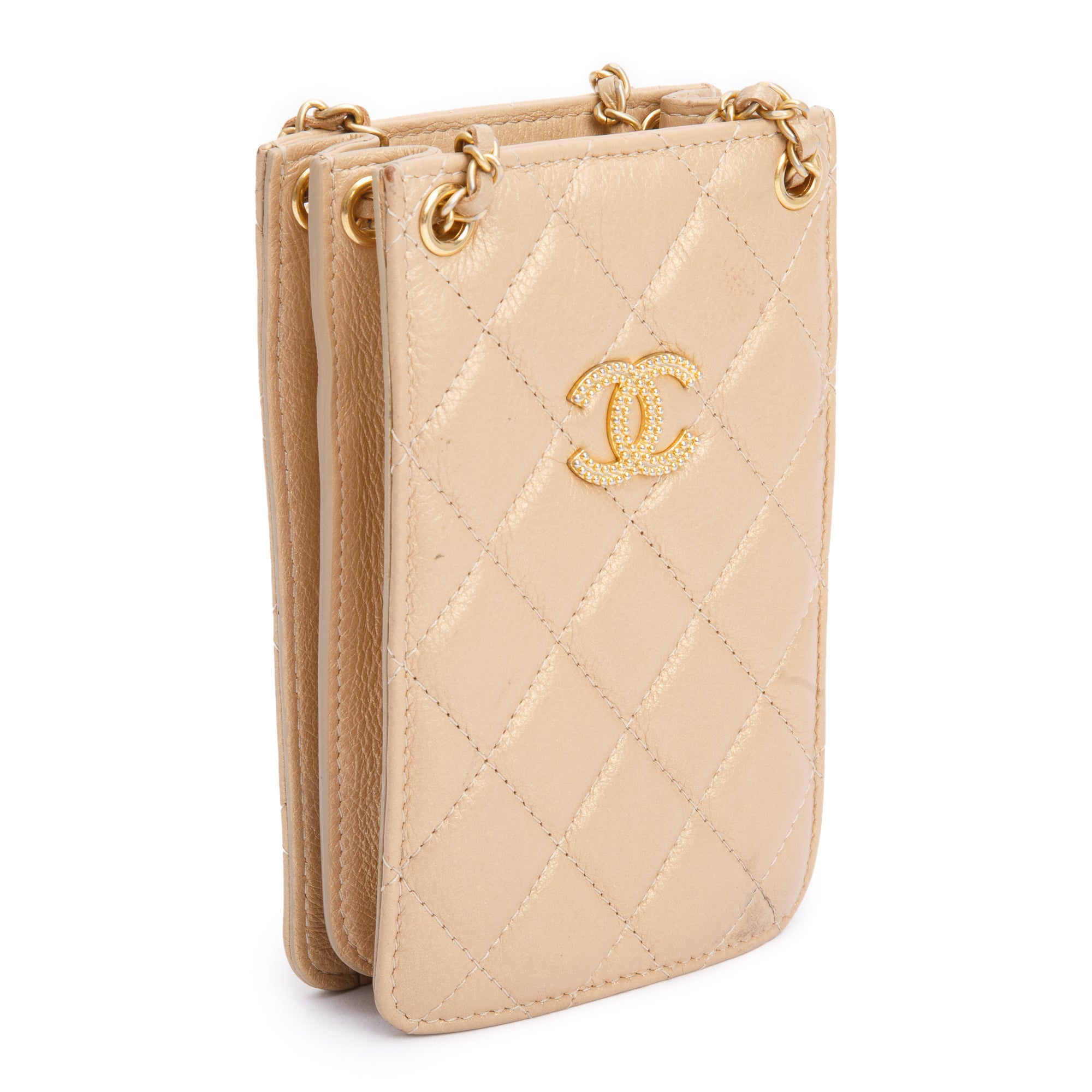 Chanel Beige Iridescent Quilted Calfskin Leather CC Crossbody Phone Holder