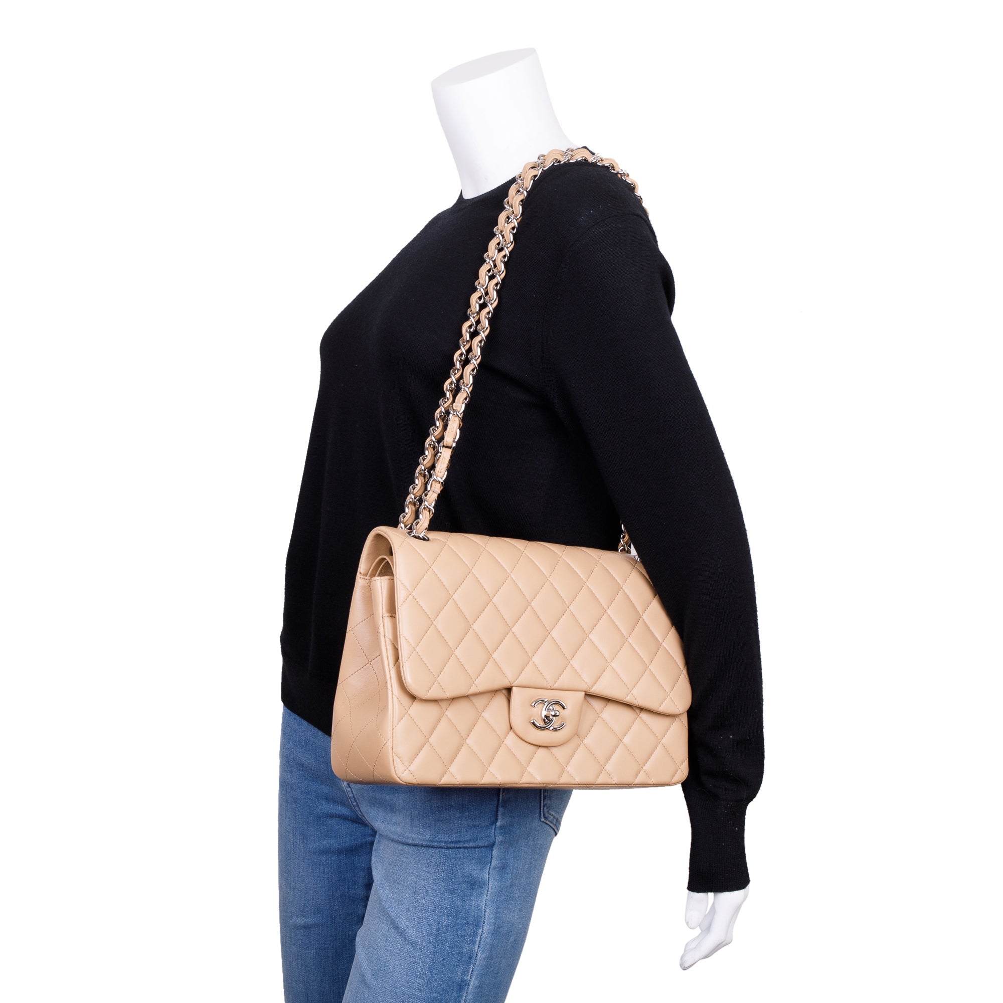 Chanel Beige Lambskin Classic Jumbo Double Flap Bag