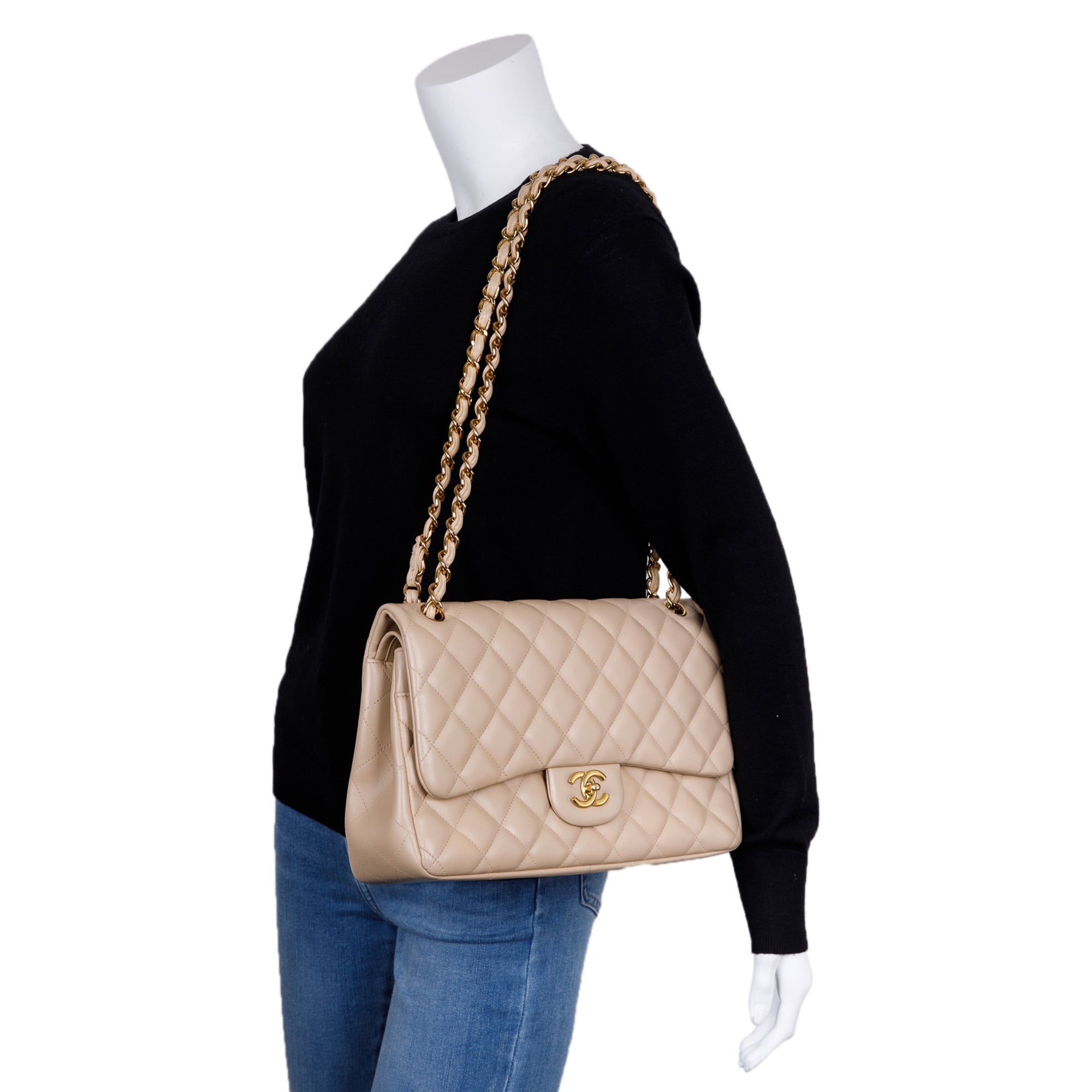 Chanel Beige Lambskin Classic Jumbo Double Flap Bag