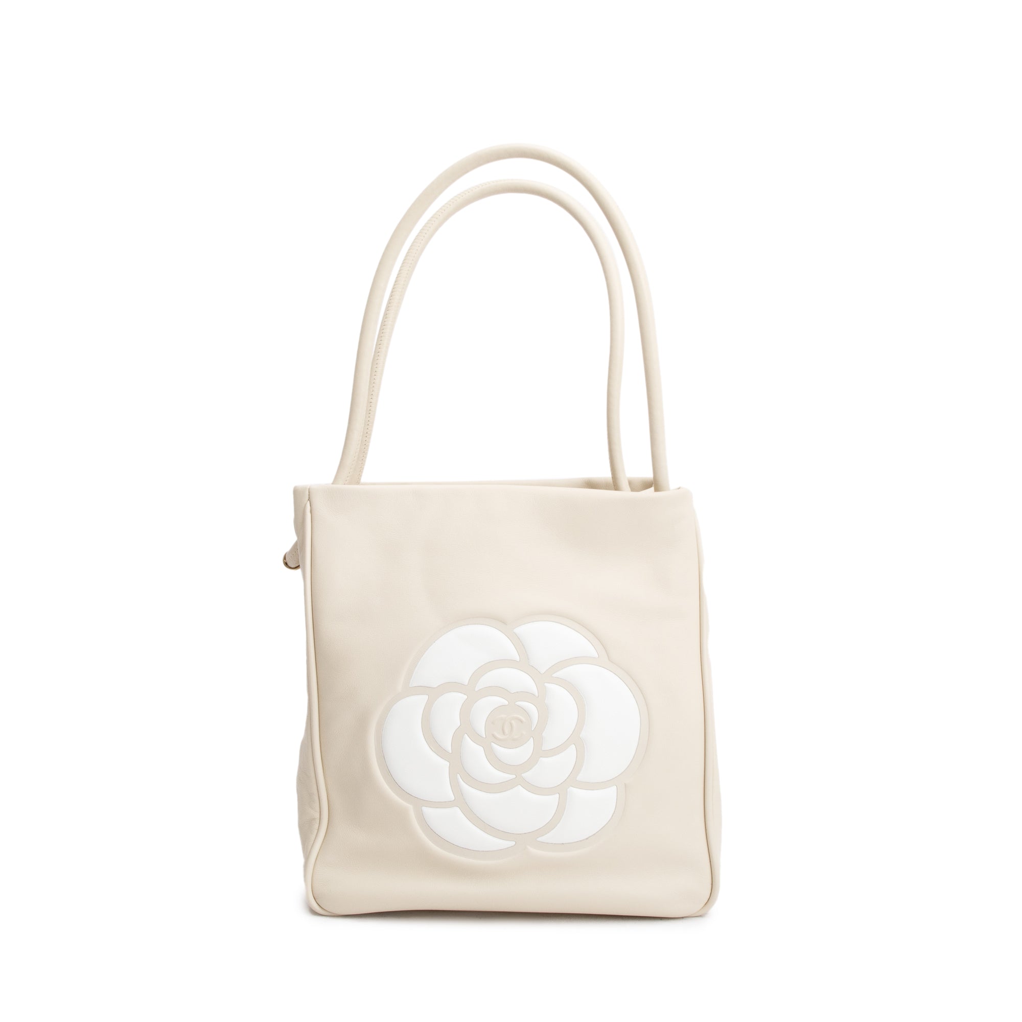 Chanel Beige Lambskin Leather Camellia Tote Bag