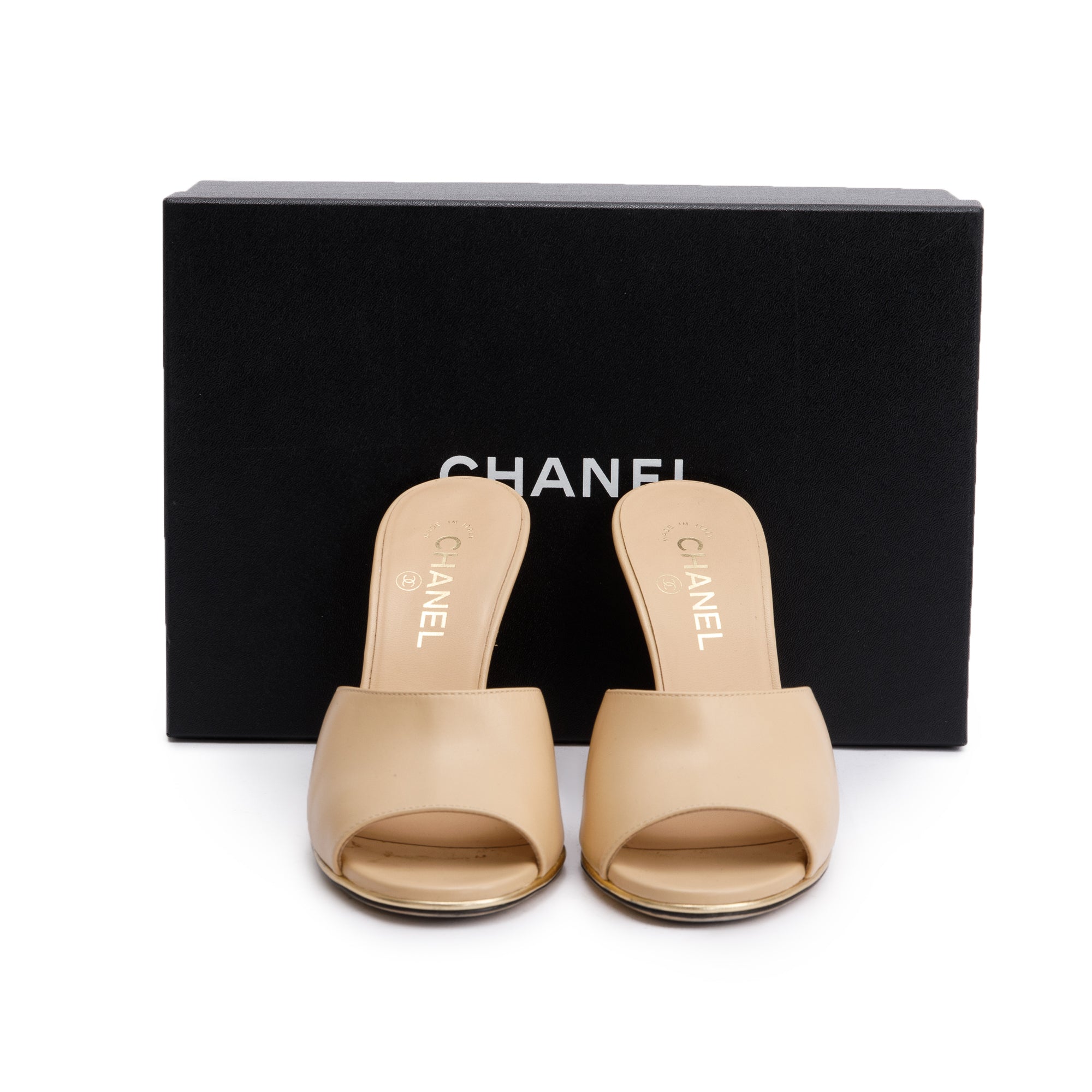 Chanel Beige Lambskin Leather Lucite CC Wedge Mules, Size 39.5 w/ Box