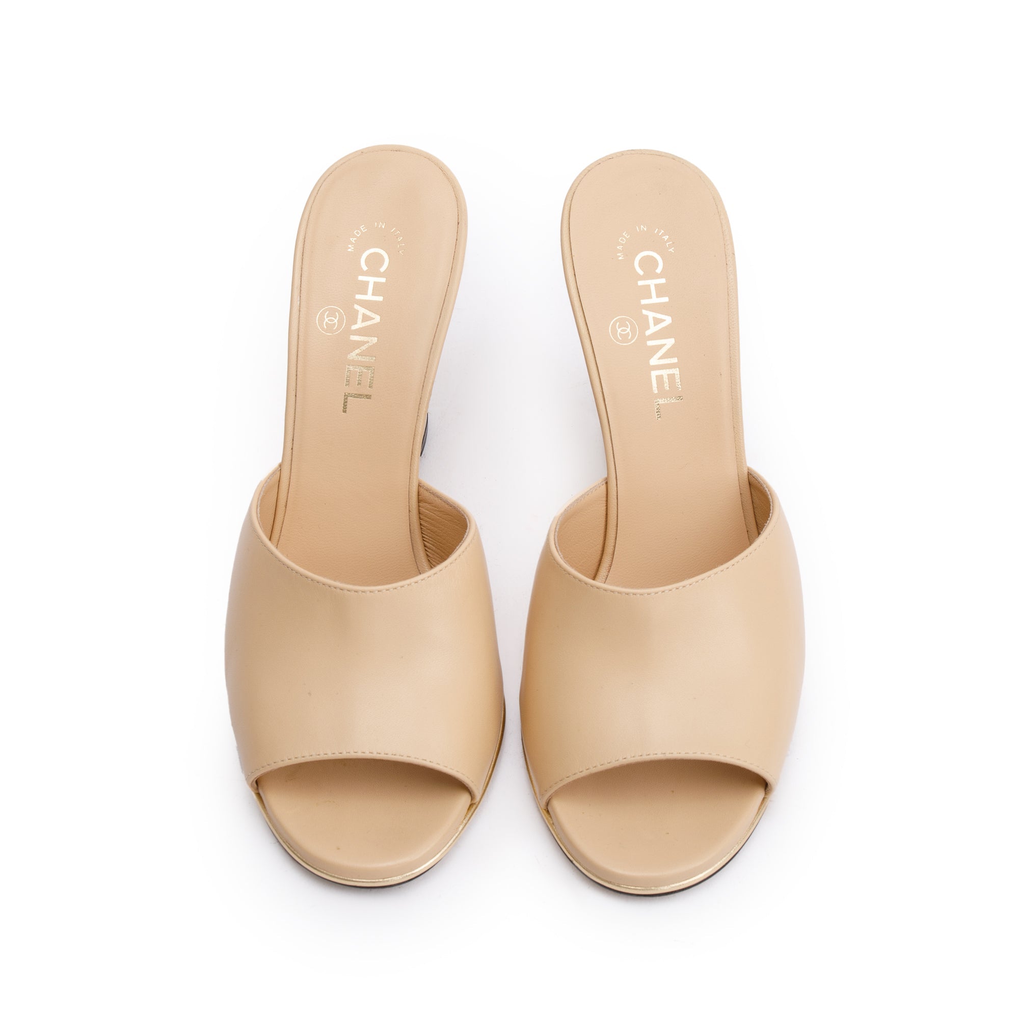 Chanel Beige Lambskin Leather Lucite CC Wedge Mules, Size 39.5 w/ Box