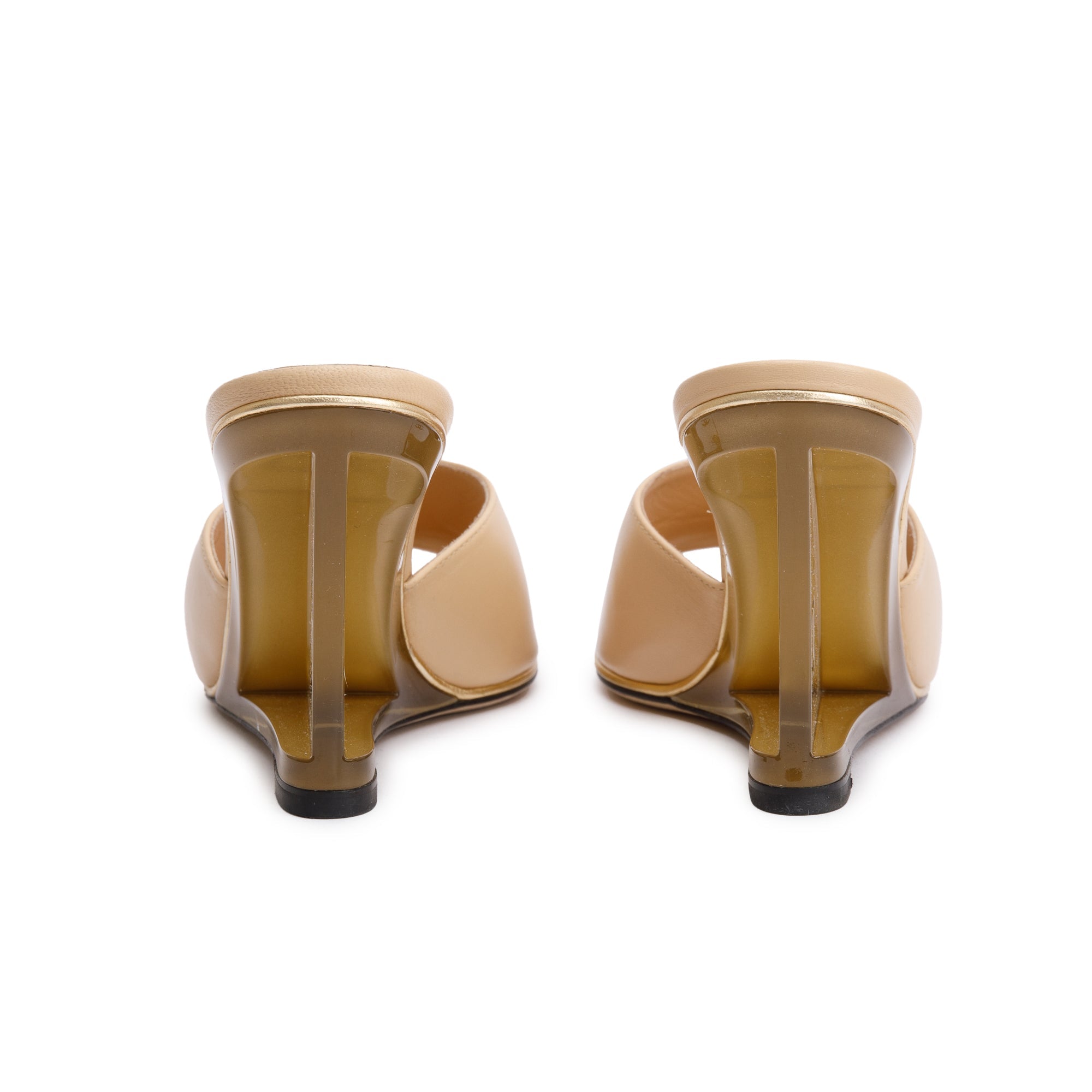 Chanel Beige Lambskin Leather Lucite CC Wedge Mules, Size 39.5 w/ Box