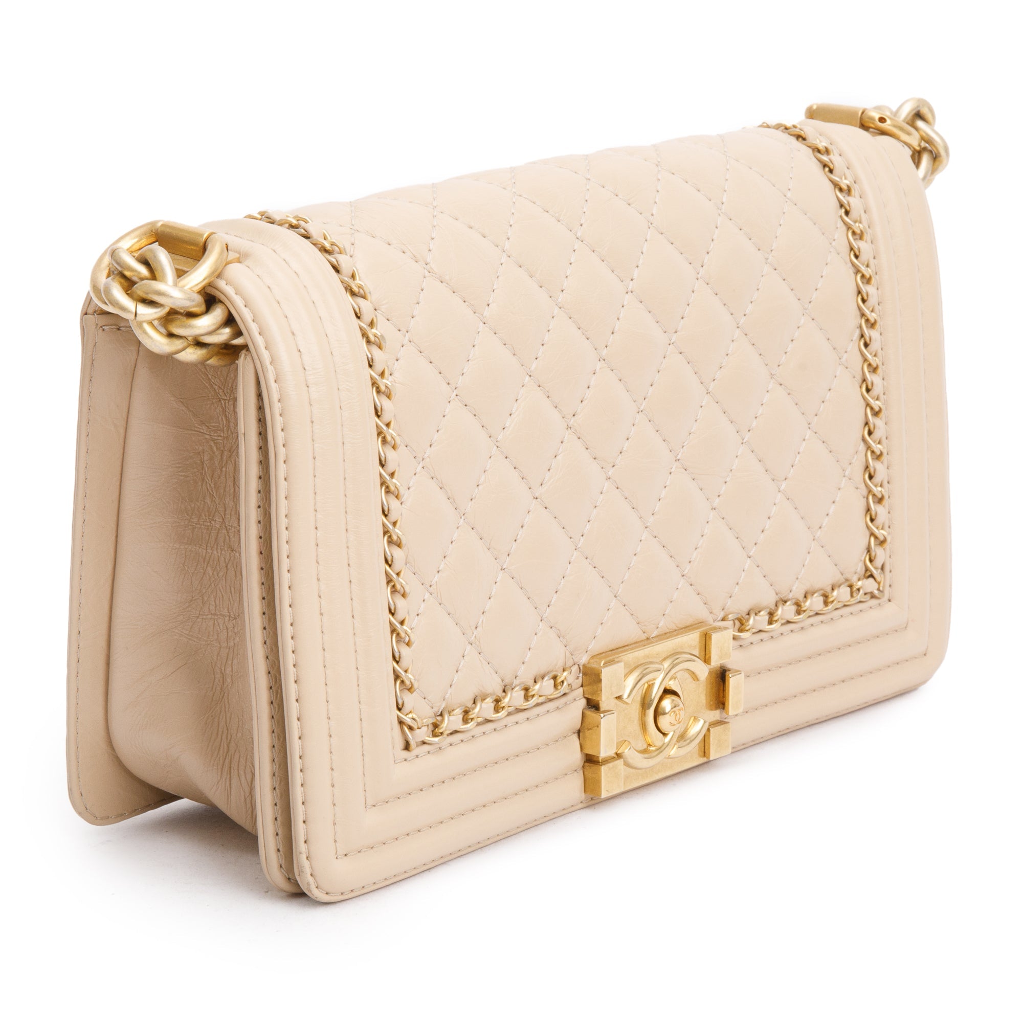 Chanel Beige Quilted Aged Calfskin Leather Medium Jacket Boy Bag w/ Authenticity Card