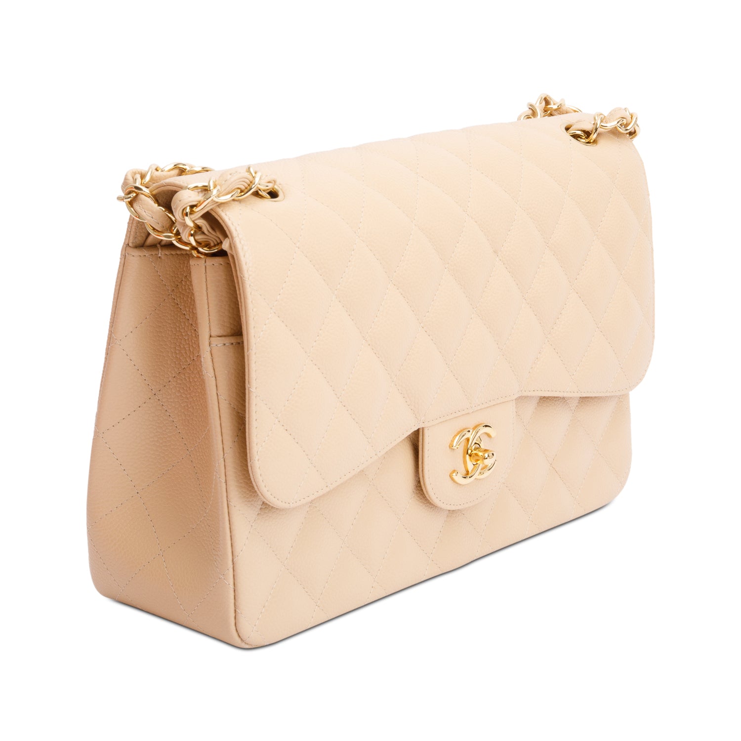 Chanel Beige Quilted Caviar Leather Classic Jumbo Double Flap Bag w/ Authenticity Card