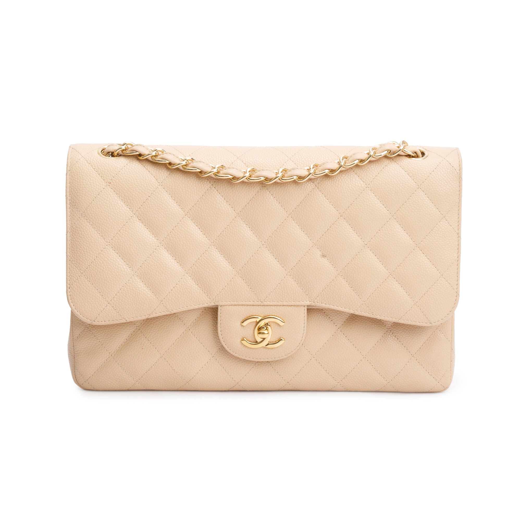 Chanel Beige Quilted Caviar Leather Classic Jumbo Double Flap Bag w/ Box & Authenticity Card