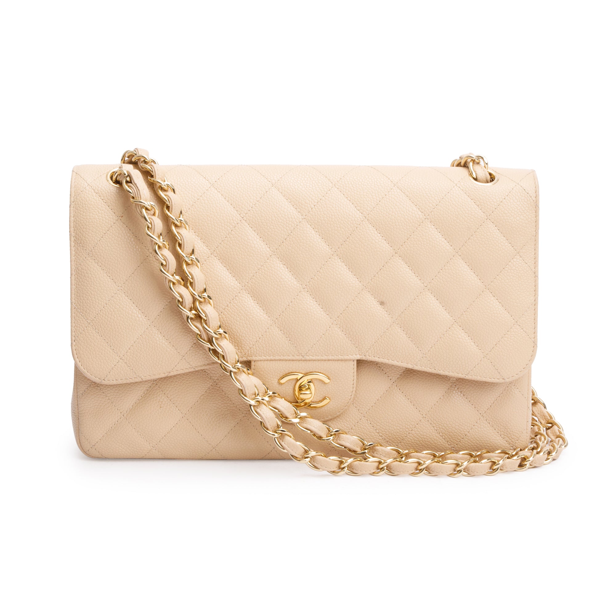 Chanel Beige Quilted Caviar Leather Classic Jumbo Double Flap Bag w/ Box & Authenticity Card