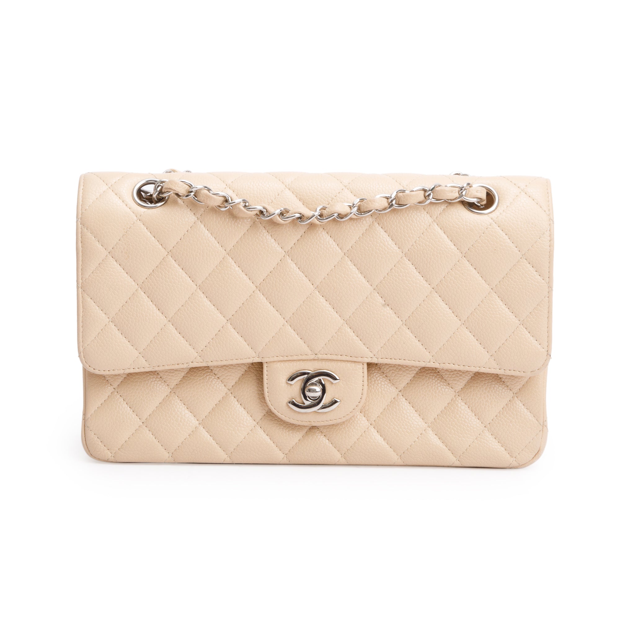 Chanel Beige Quilted Caviar Leather Classic Medium Double Flap Bag