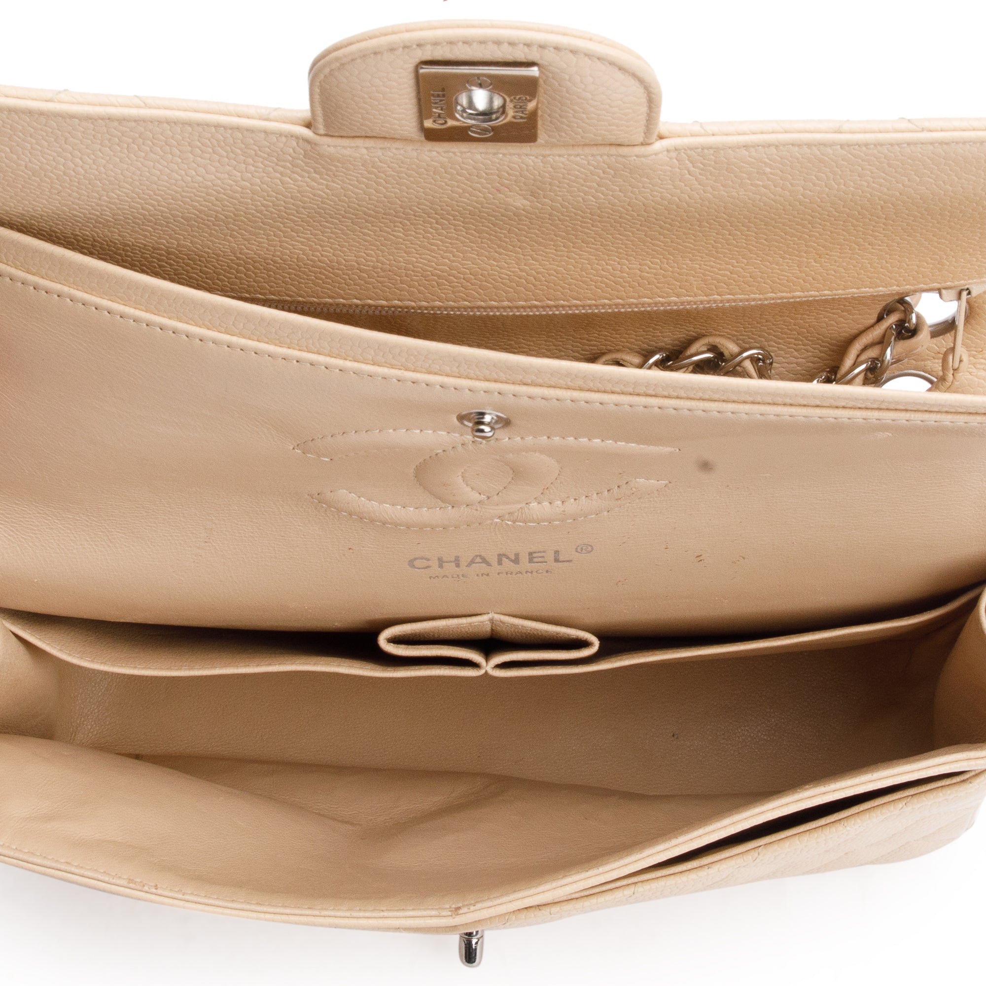 Chanel Beige Quilted Caviar Leather Classic Medium Double Flap Bag