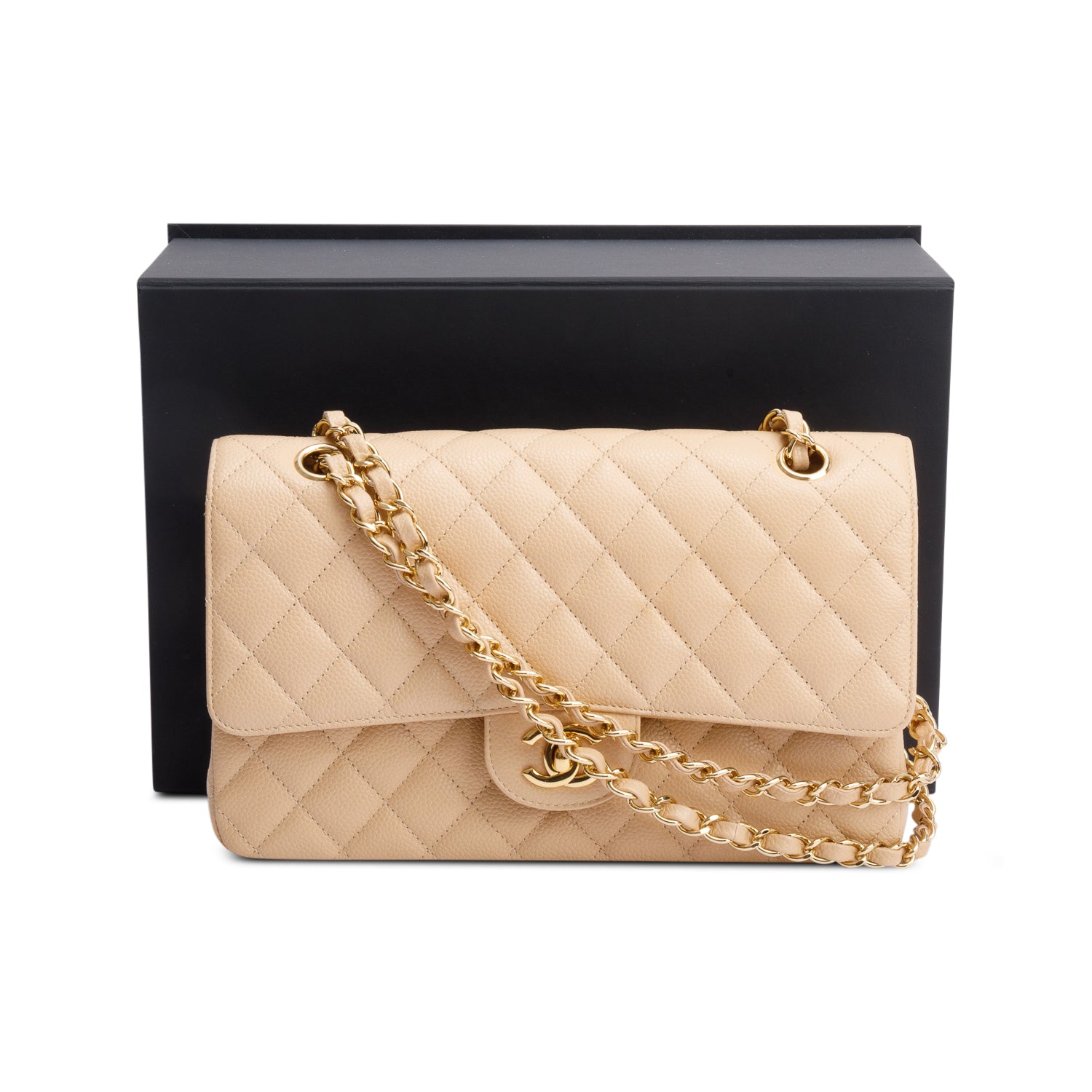 Chanel Beige Quilted Caviar Leather Classic Medium Double Flap Bag w/ Box & Authenticity Card