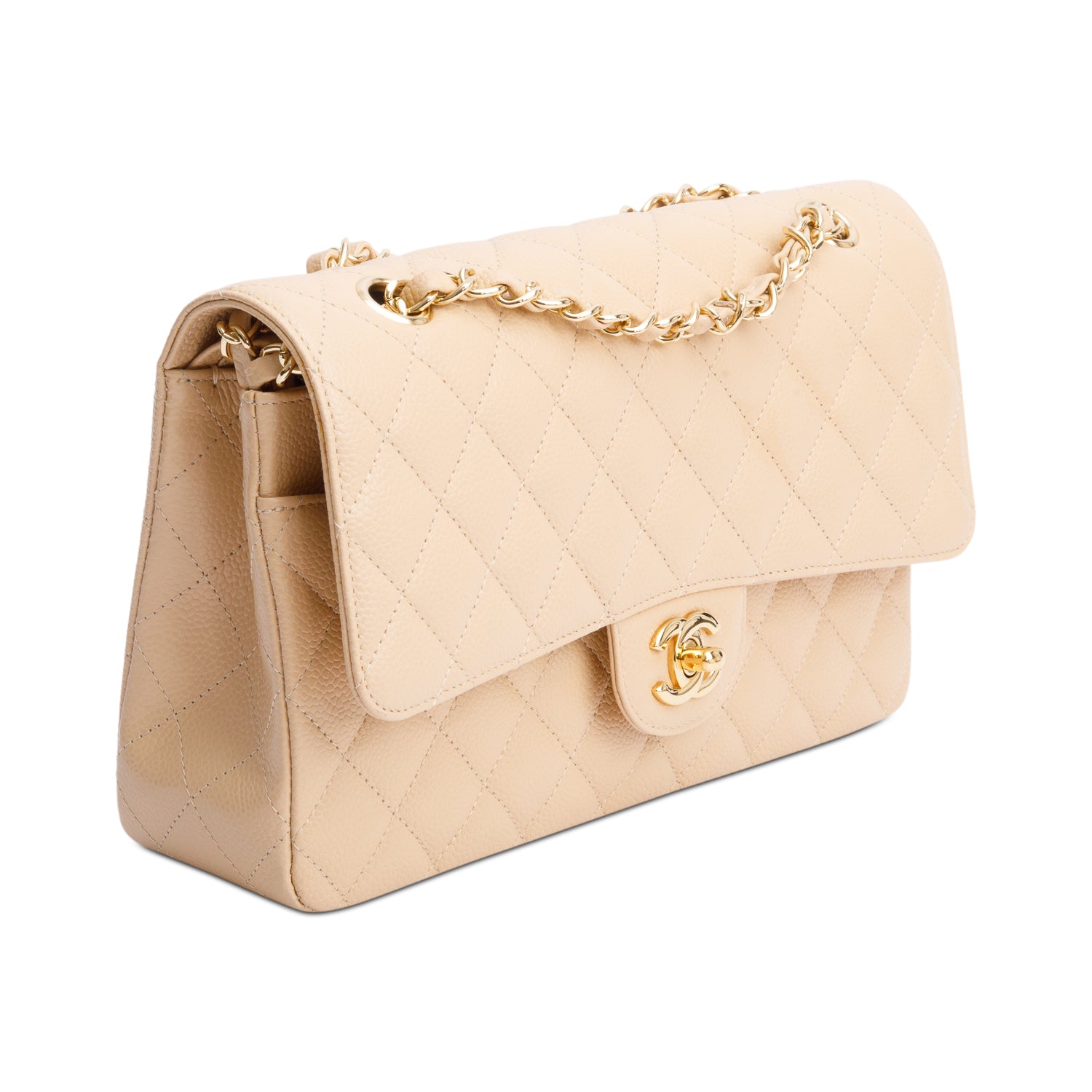 Chanel Beige Quilted Caviar Leather Classic Medium Double Flap Bag w/ Box & Authenticity Card