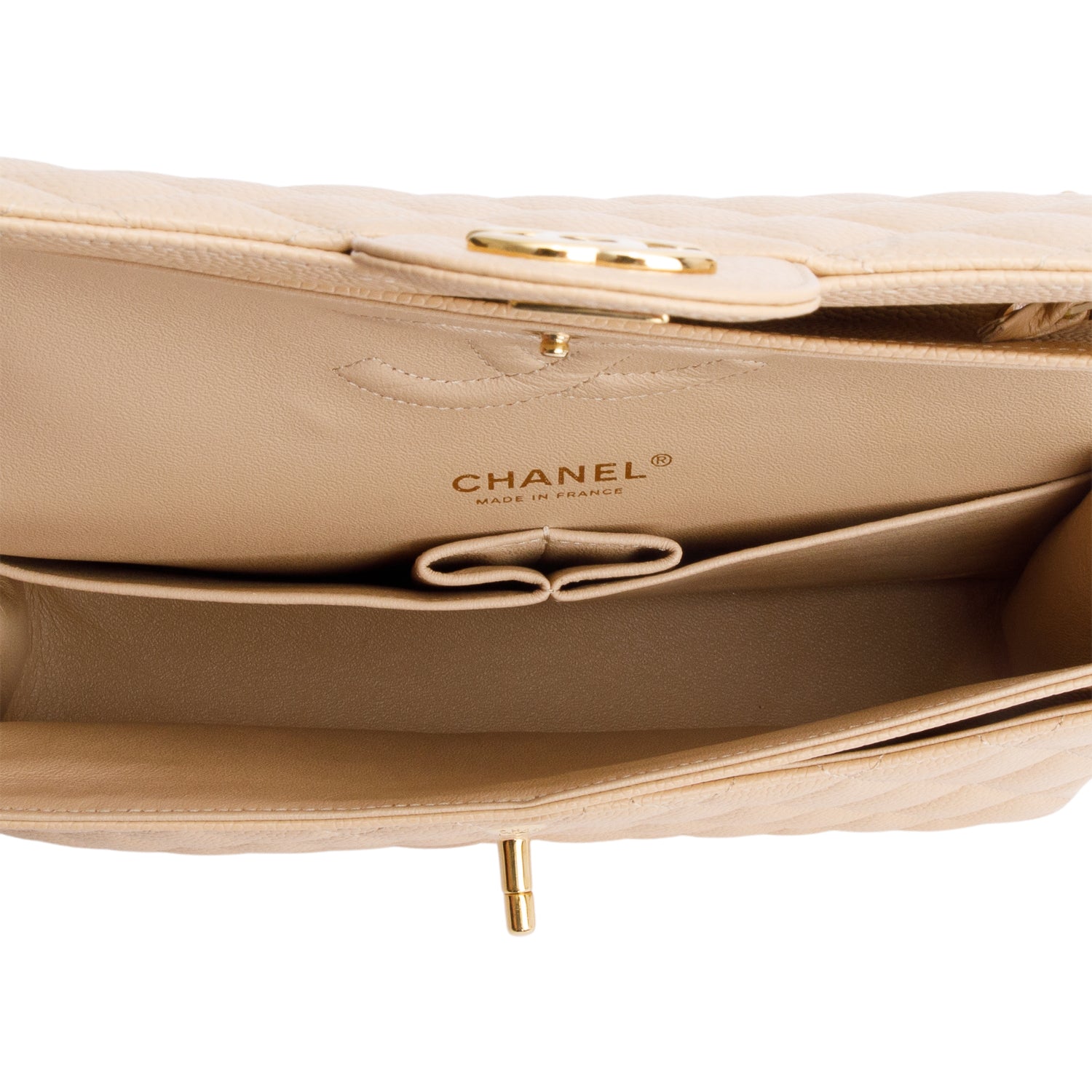 Chanel Beige Quilted Caviar Leather Classic Medium Double Flap Bag w/ Box & Authenticity Card