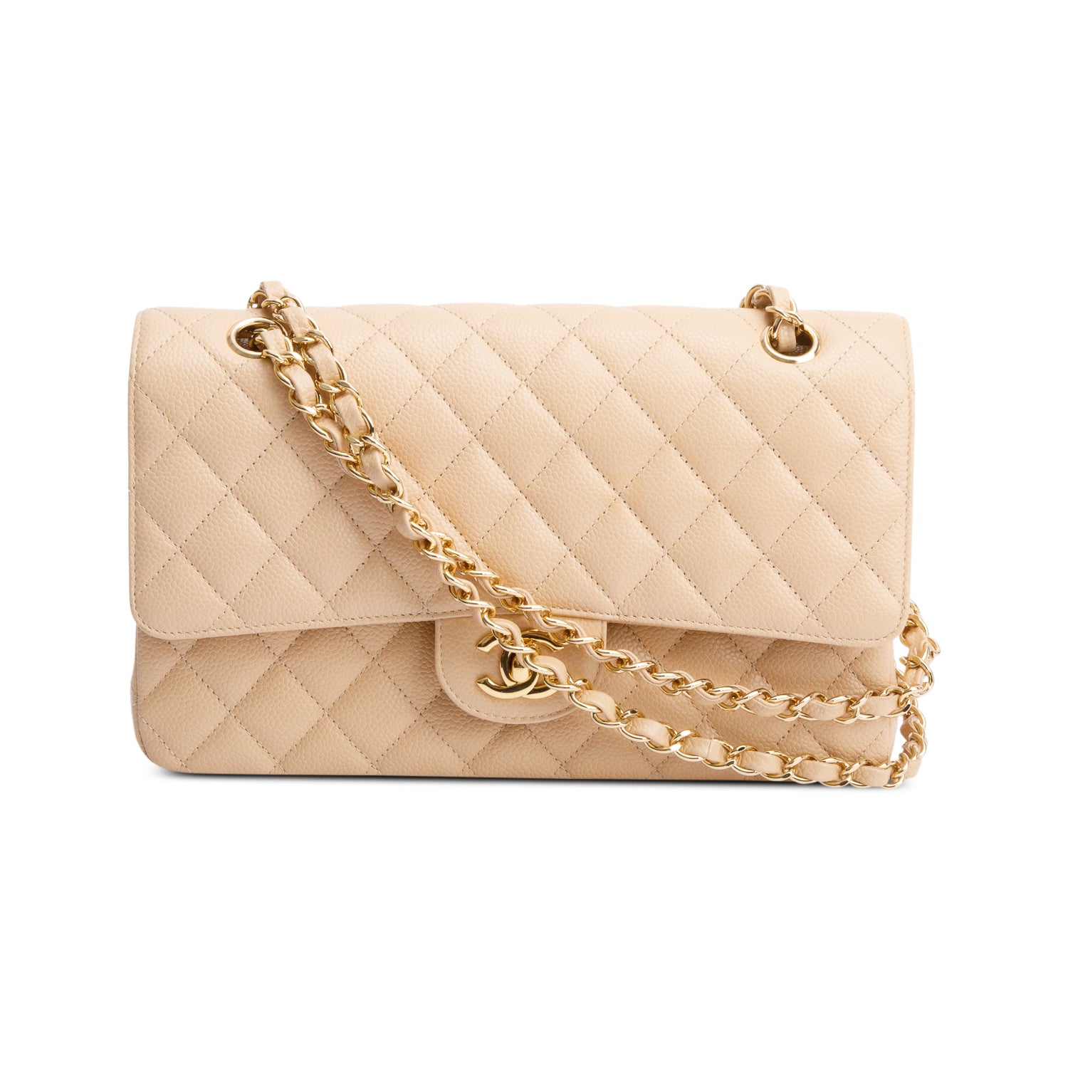 Chanel Beige Quilted Caviar Leather Classic Medium Double Flap Bag w/ Box & Authenticity Card