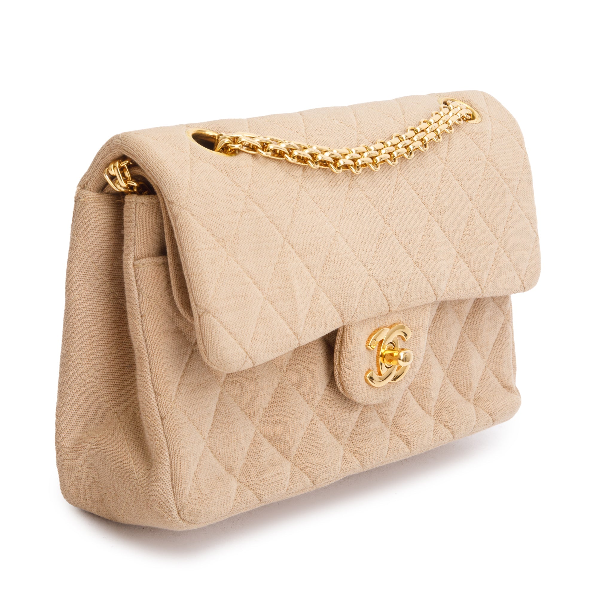 Chanel Beige Quilted Jersey Classic Medium Double Flap Bag