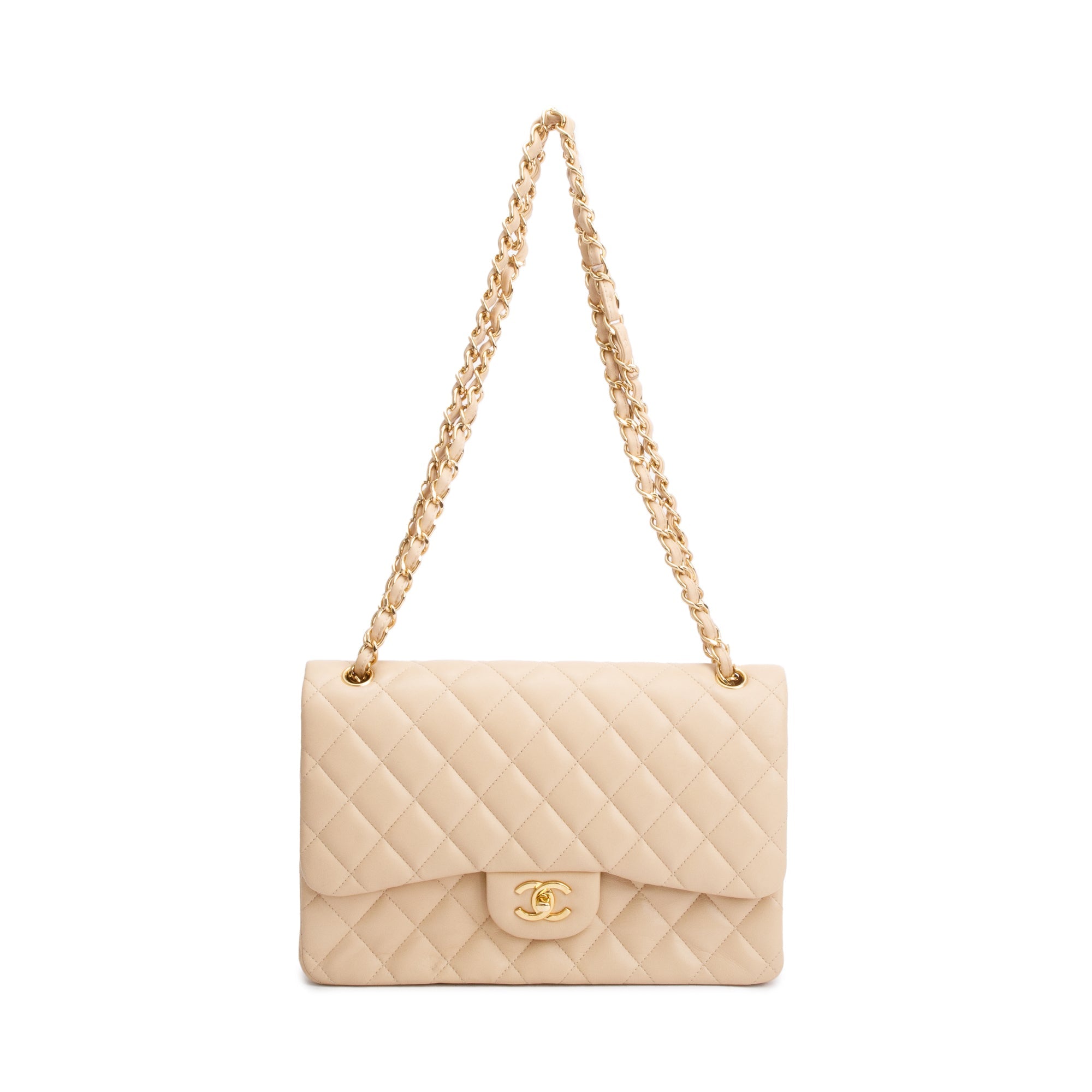 Chanel Beige Quilted Lambskin Leather Classic Jumbo Double Flap Bag w/ Authenticity Card