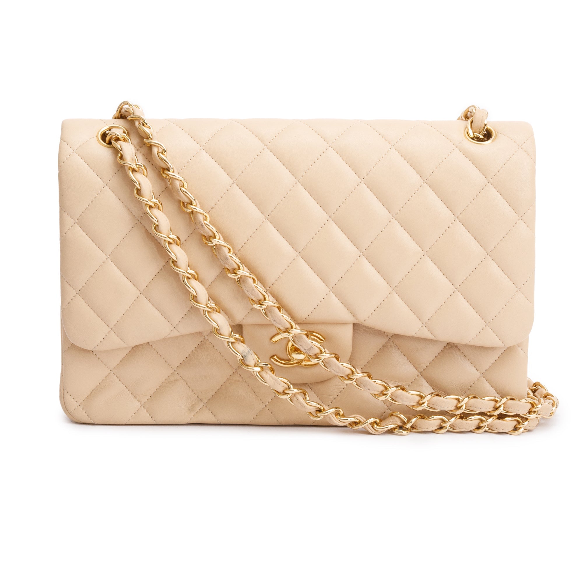 Chanel Beige Quilted Lambskin Leather Classic Jumbo Double Flap Bag w/ Authenticity Card