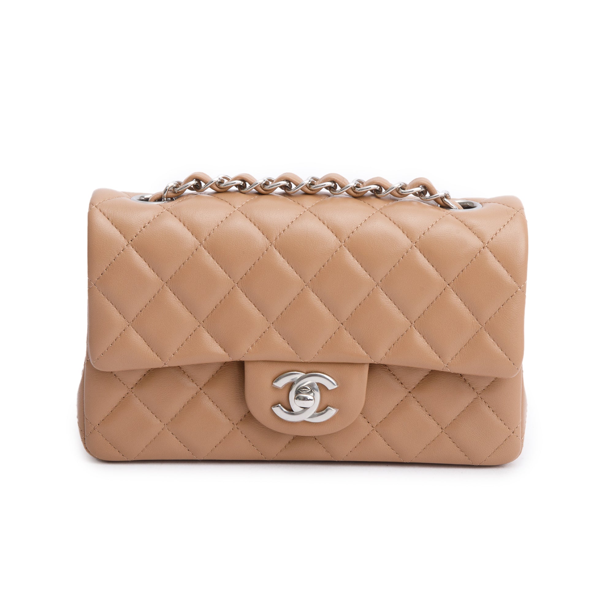 Chanel Beige Quilted Lambskin Leather Classic Mini Rectangular Flap Bag w/ Box