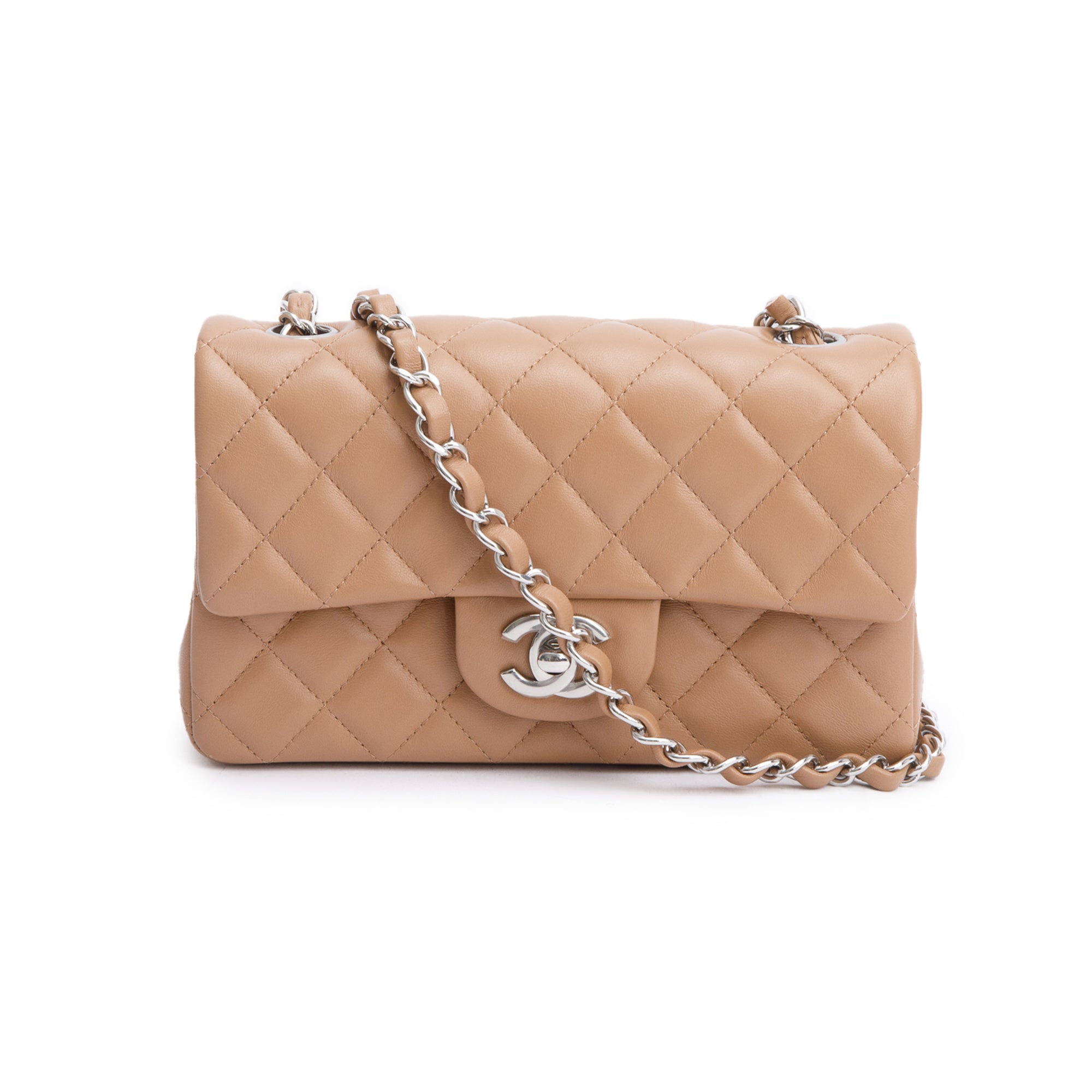 Chanel Beige Quilted Lambskin Leather Classic Mini Rectangular Flap Bag w/ Box