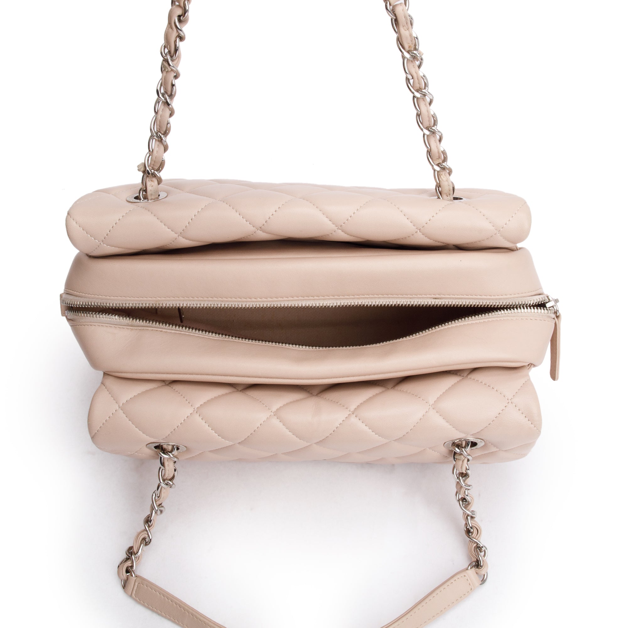 Chanel Beige Quilted Lambskin Leather Double Sided Flap Zip Shoulder Bag