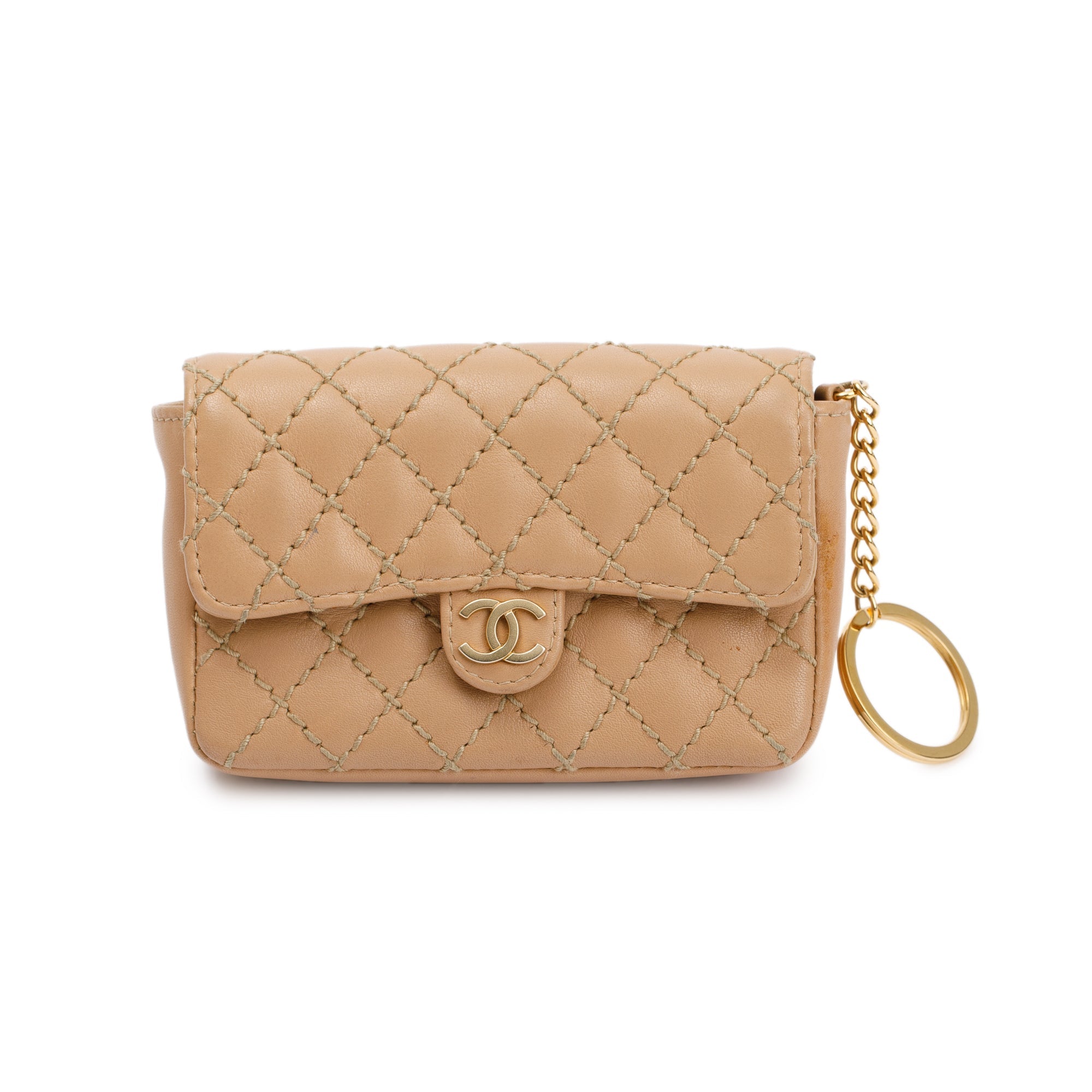 Chanel Beige Quilted Lambskin Leather Mini Flap Key Ring Bag Charm w/ Box