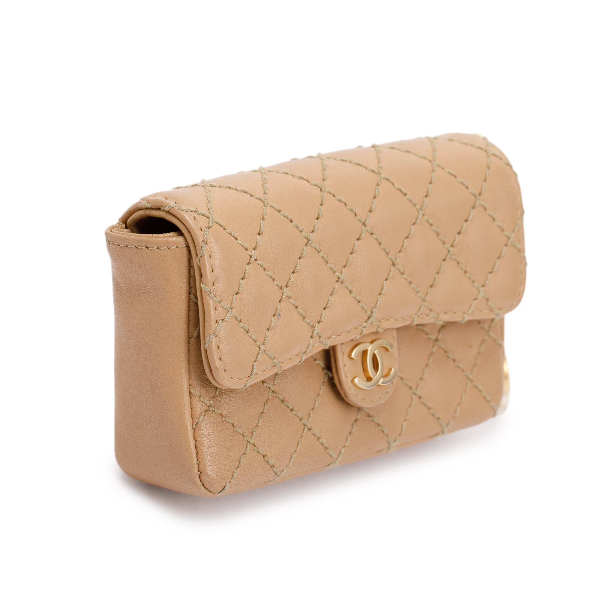 Chanel Beige Quilted Lambskin Leather Mini Flap Key Ring Bag Charm w/ Box