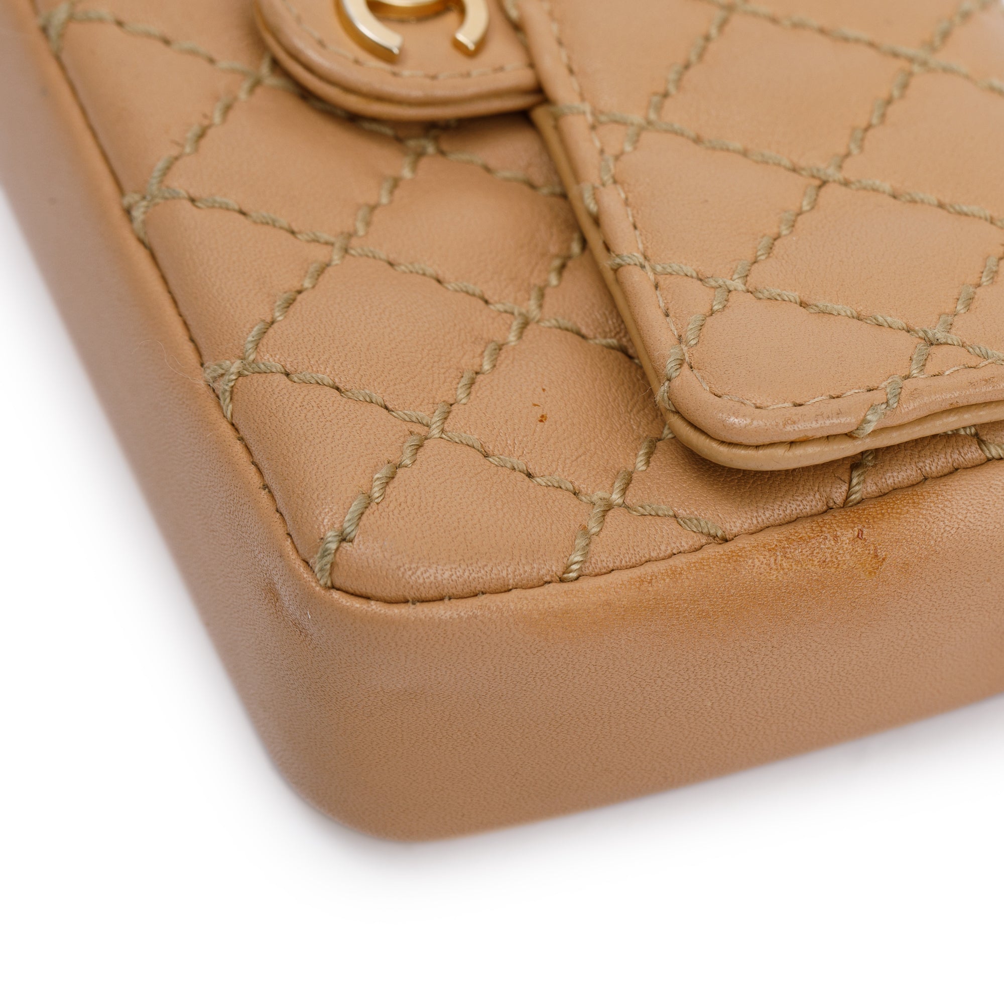 Chanel Beige Quilted Lambskin Leather Mini Flap Key Ring Bag Charm w/ Box