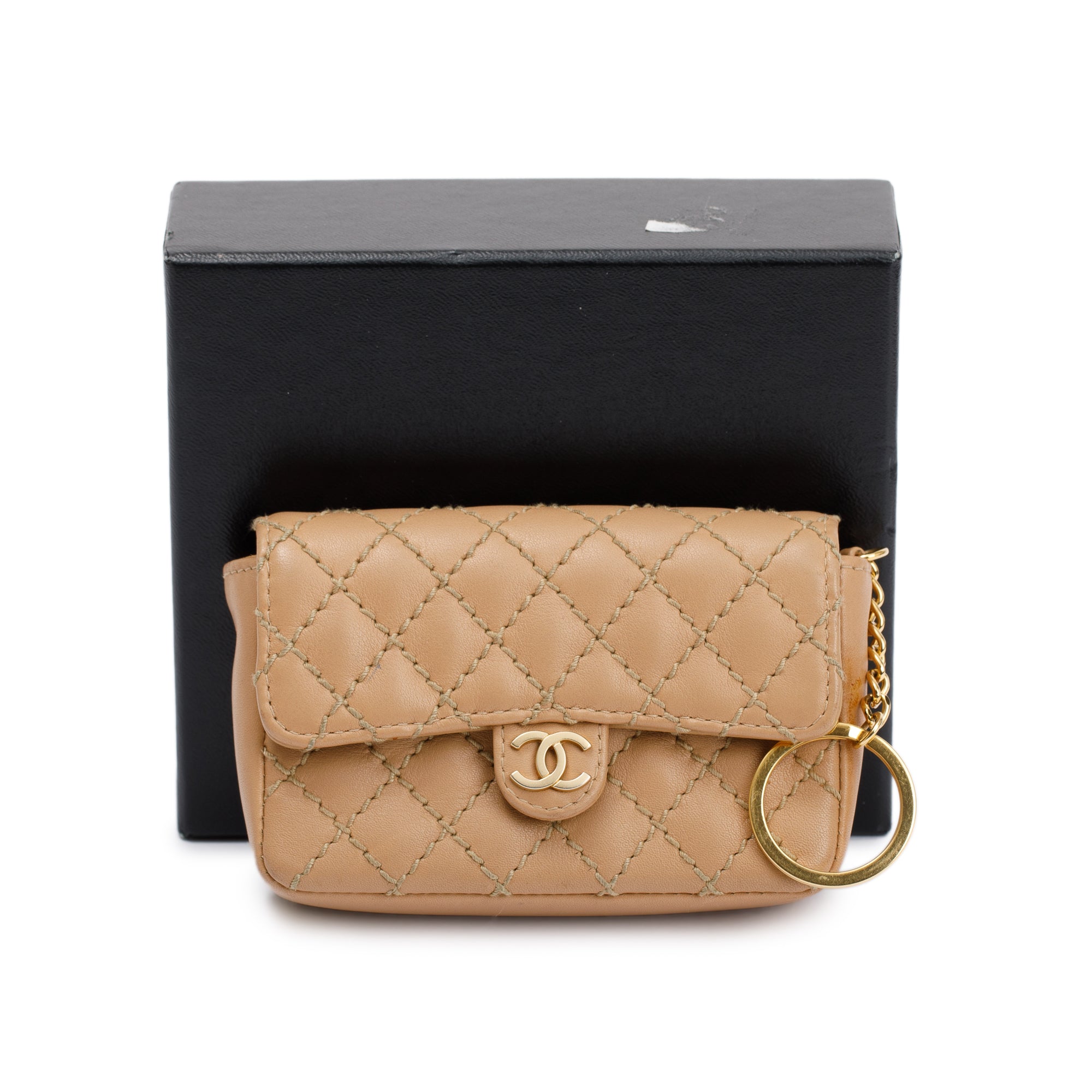 Chanel Beige Quilted Lambskin Leather Mini Flap Key Ring Bag Charm w/ Box