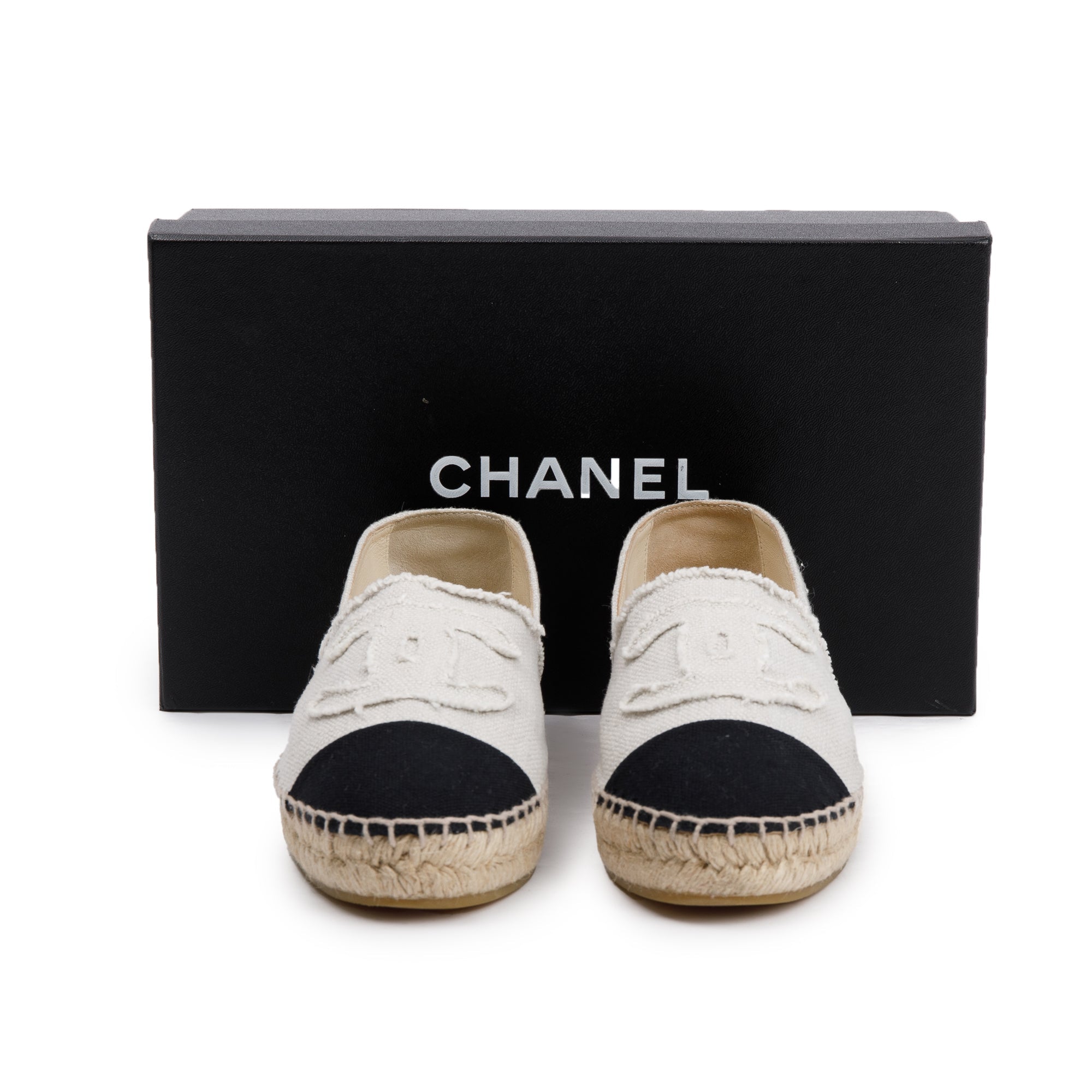Chanel Beige/Black Canvas Interlocking CC Logo Espadrilles, Size 37 w/ Box