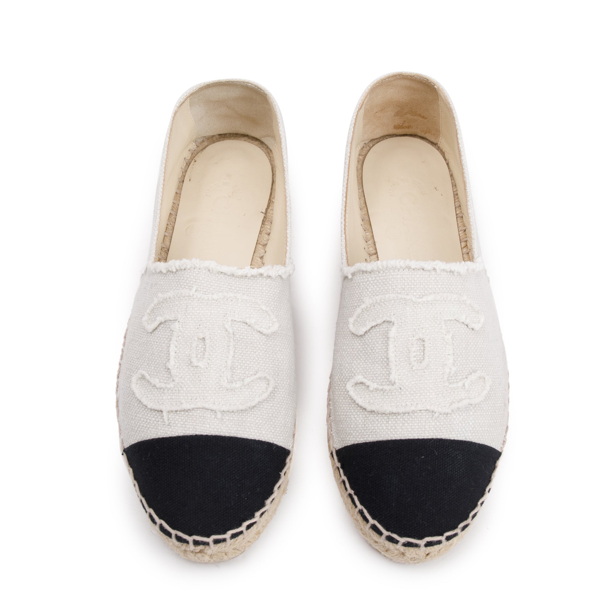 Chanel Beige/Black Canvas Interlocking CC Logo Espadrilles, Size 37 w/ Box