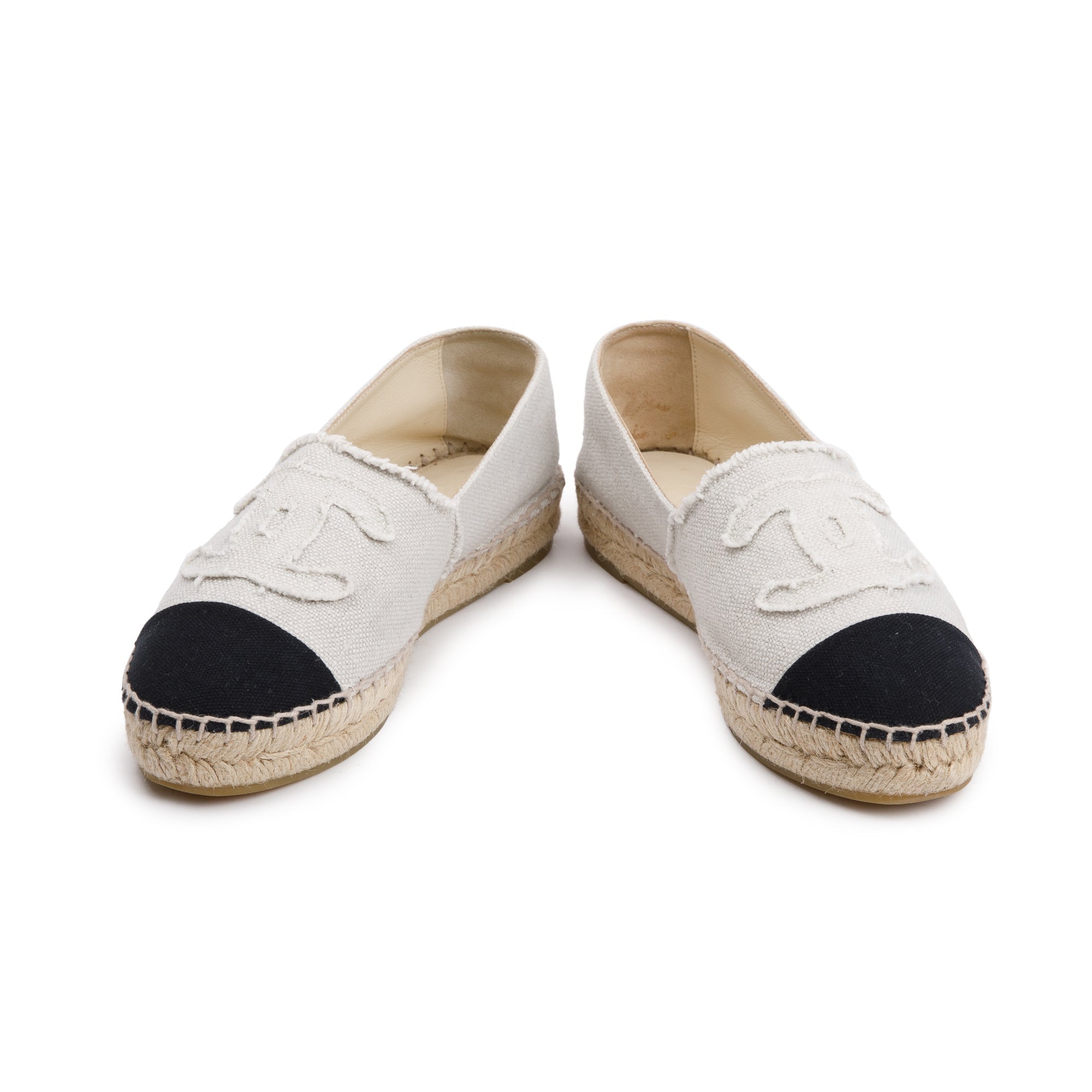 Chanel Beige/Black Canvas Interlocking CC Logo Espadrilles, Size 37 w/ Box