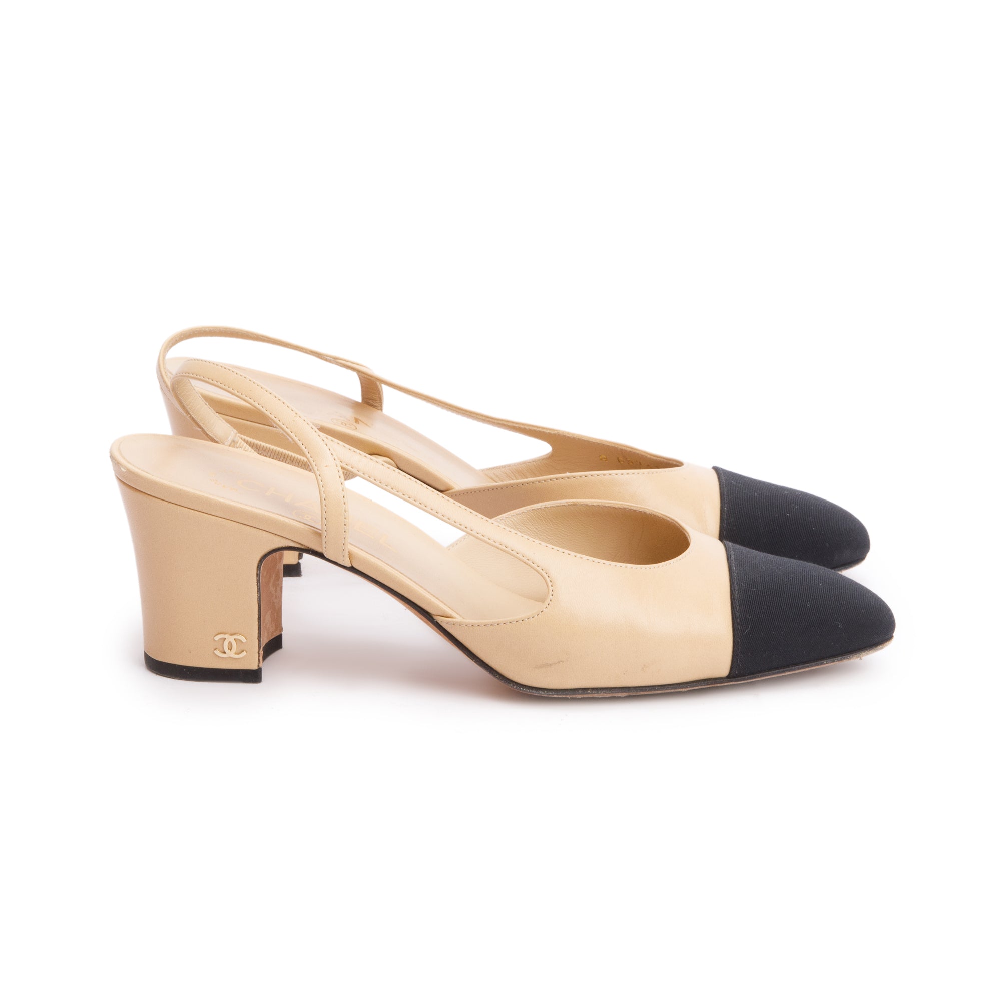 Chanel Beige/Black Lambskin Grosgrain Interlocking CC Logo Sling Back Shoes, Size 39 w/ Box