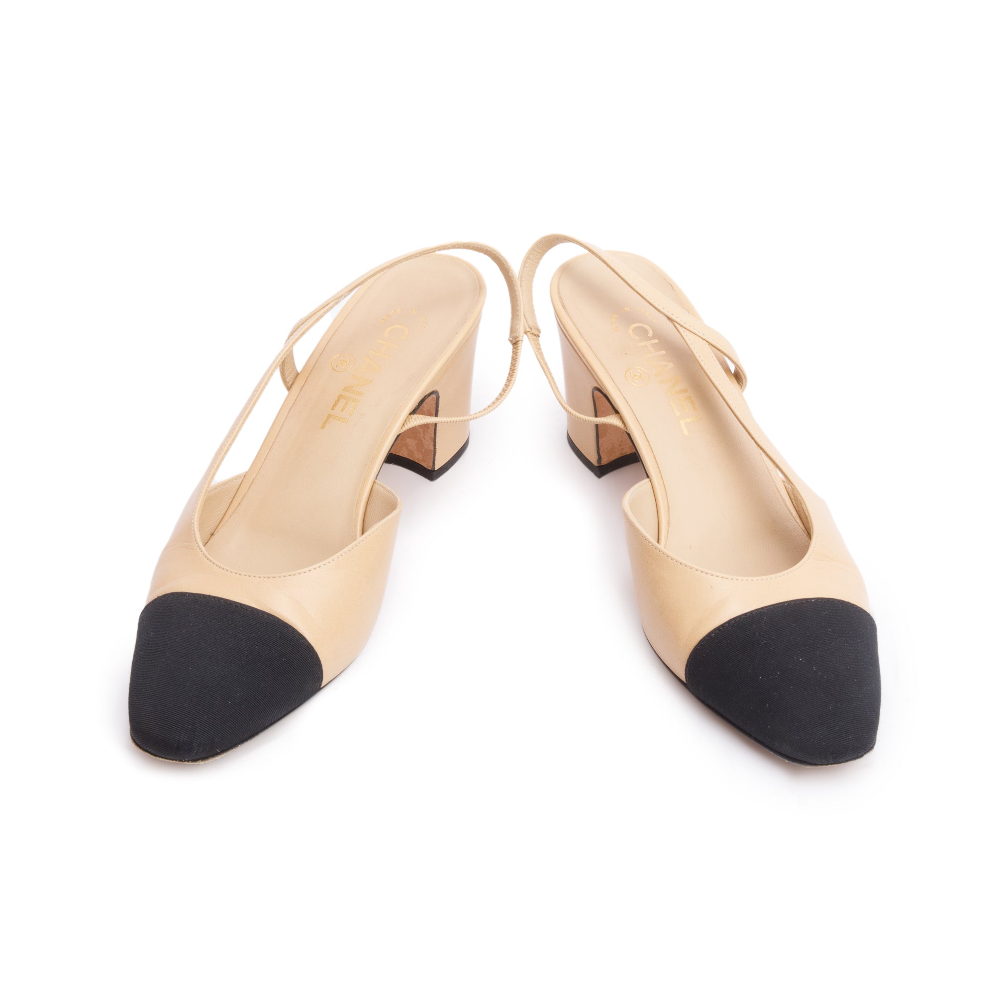Chanel Beige/Black Lambskin Grosgrain Interlocking CC Logo Sling Back Shoes, Size 39 w/ Box