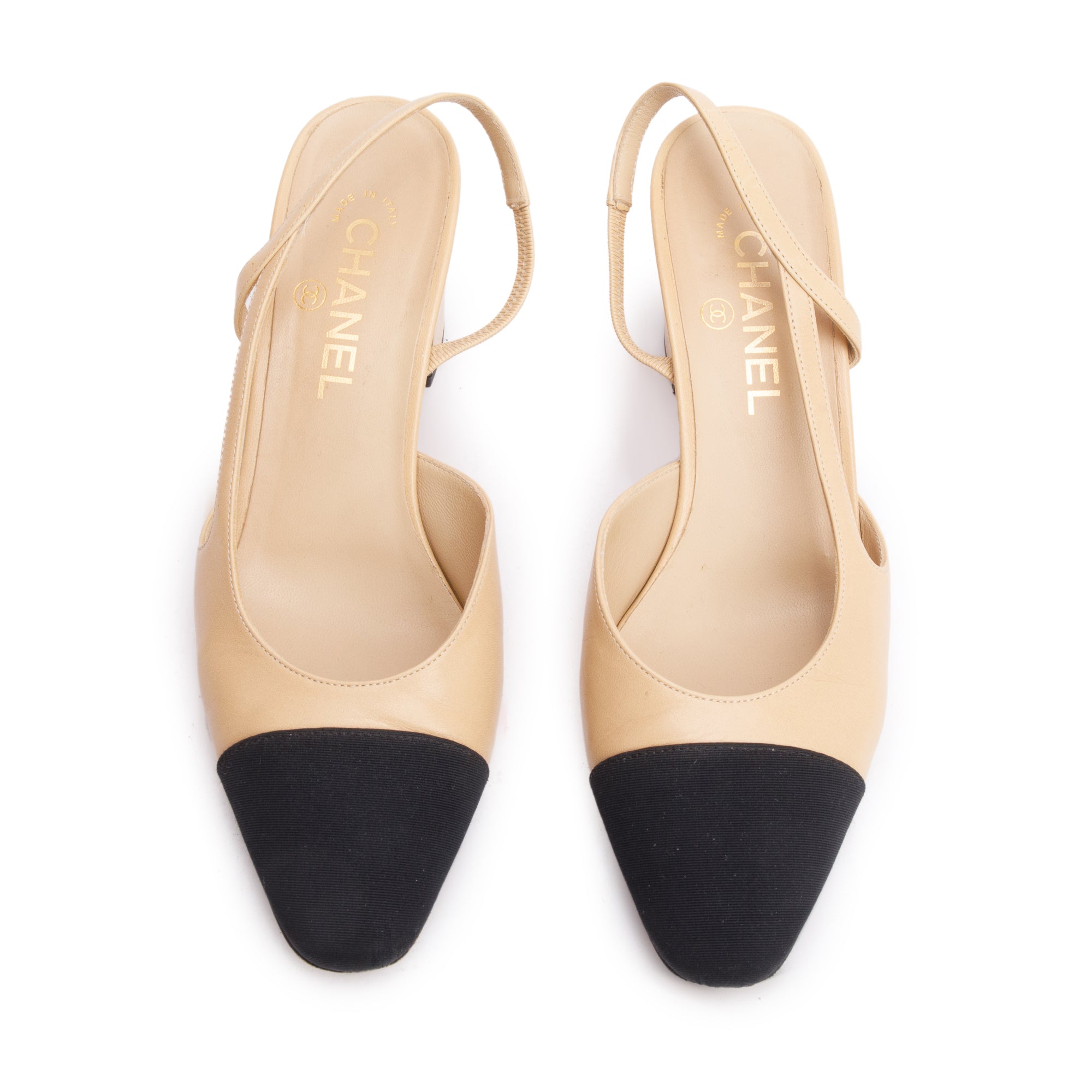 Chanel Beige/Black Lambskin Grosgrain Interlocking CC Logo Sling Back Shoes, Size 39 w/ Box