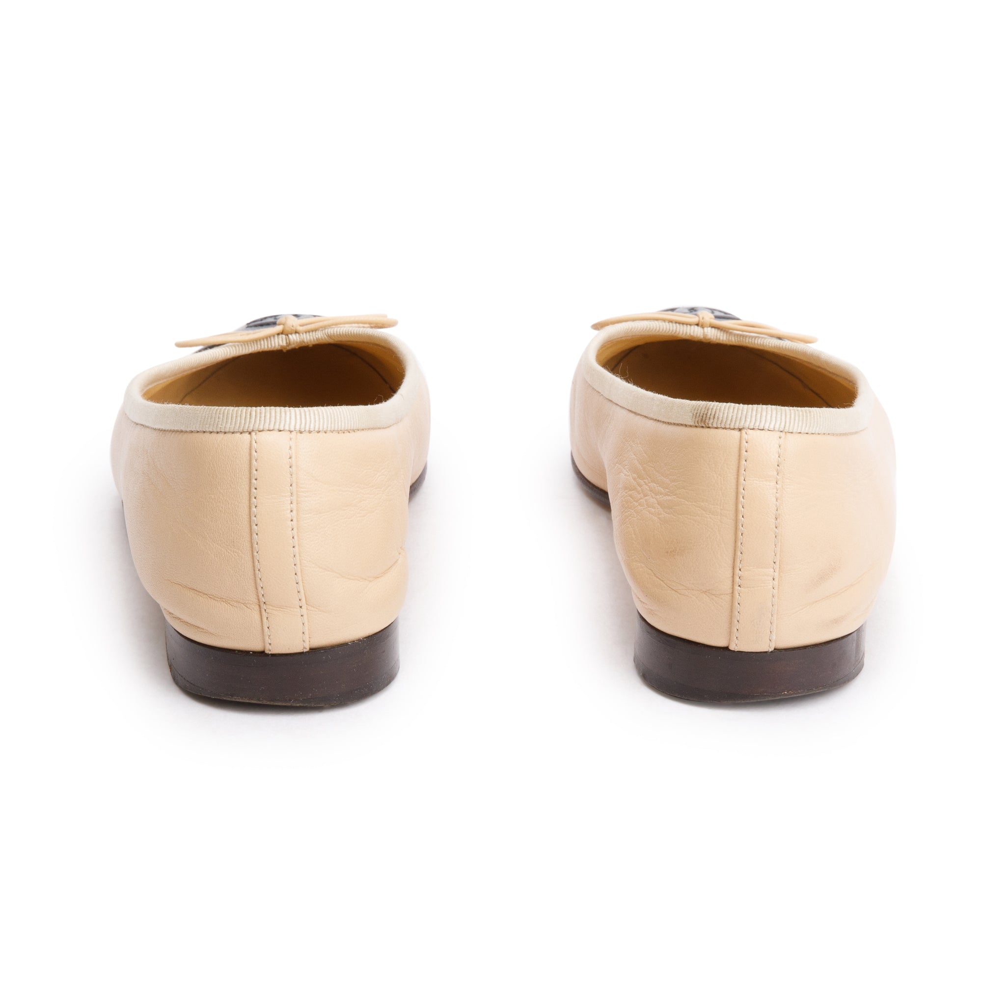 Chanel Beige/Black Lambskin Interlocking CC Logo Flats, Size 36.5 w/ Box & Receipt
