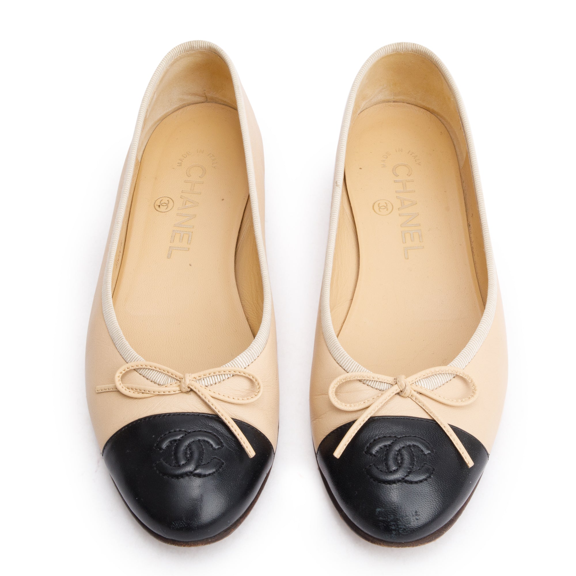 Chanel Beige/Black Lambskin Interlocking CC Logo Flats, Size 36.5 w/ Box & Receipt