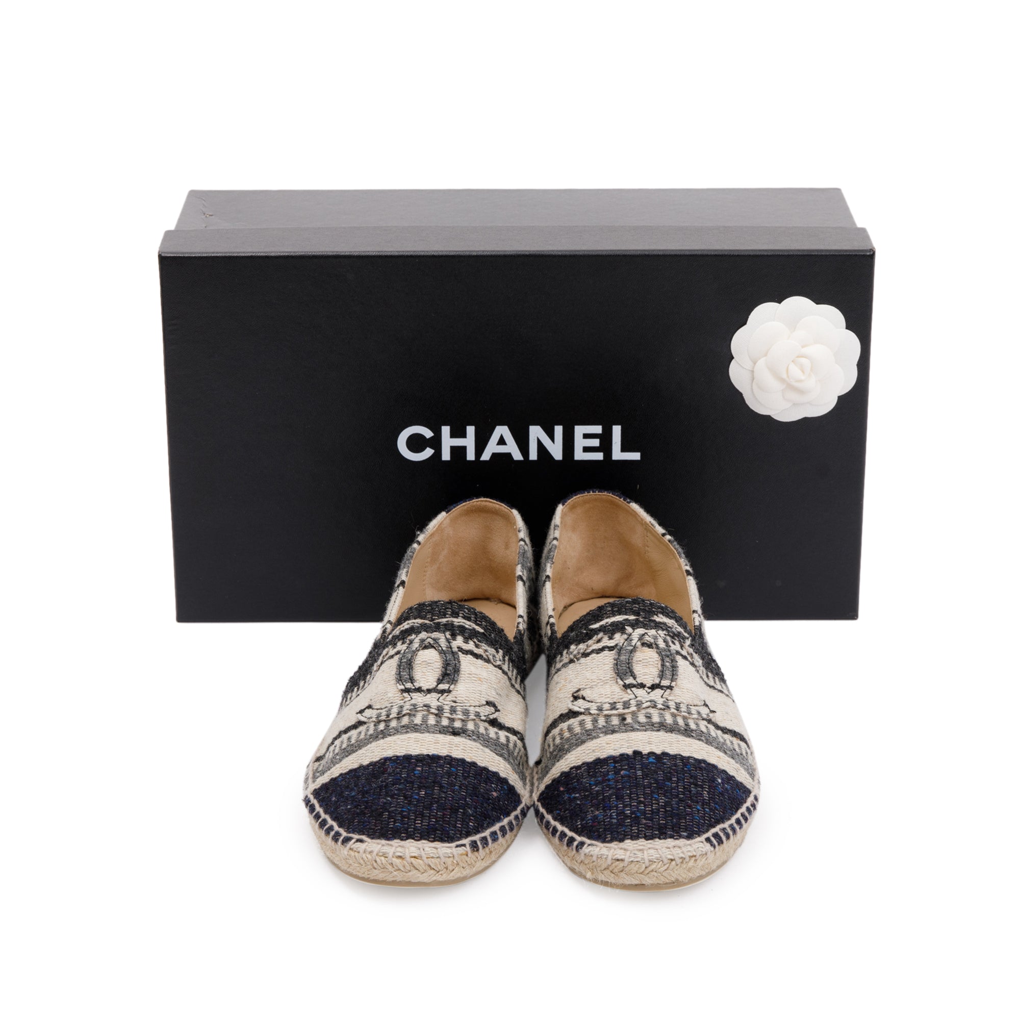 Chanel Beige/Black Wool Tweed Lambskin Espadrilles, Size 43 w/ Box