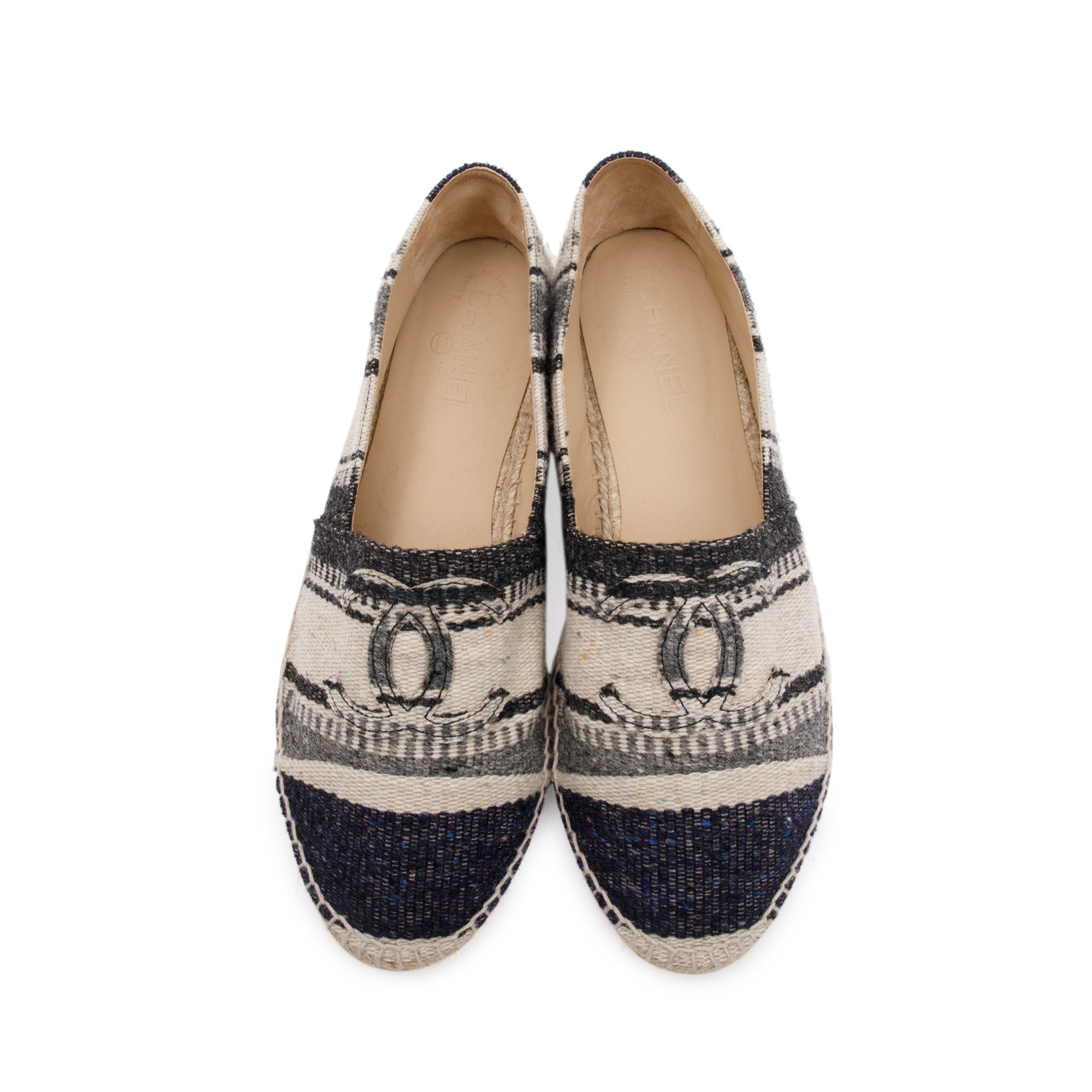 Chanel Beige/Black Wool Tweed Lambskin Espadrilles, Size 43 w/ Box